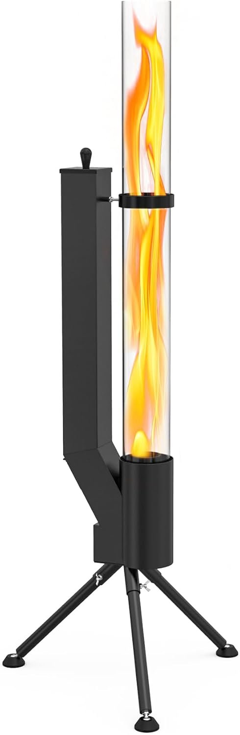 58″ Wood pellet Patio Heater with Glass Tube, Portable Pellet Heater Fire Pit, Rocket Stove for Camping Backyard Porch Coffee Shop Outside Restaurant, Bonfire Party, RV, Tailgating, Beach, FP042