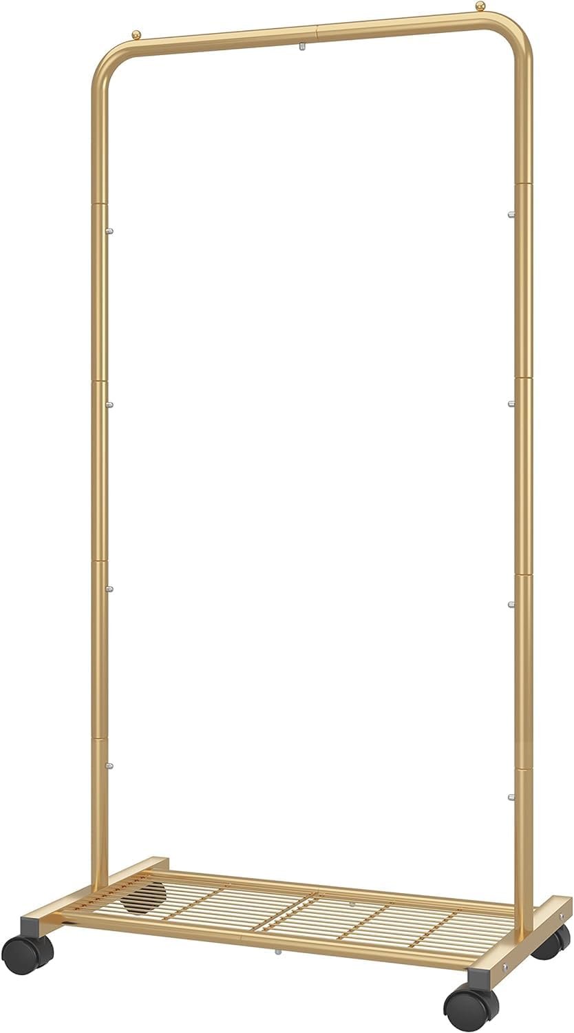 Simple Trending Standard Clothes Garment Rack, Clothing Rolling Rack with Mesh Storage Shelf on Wheels, Golden Yellow