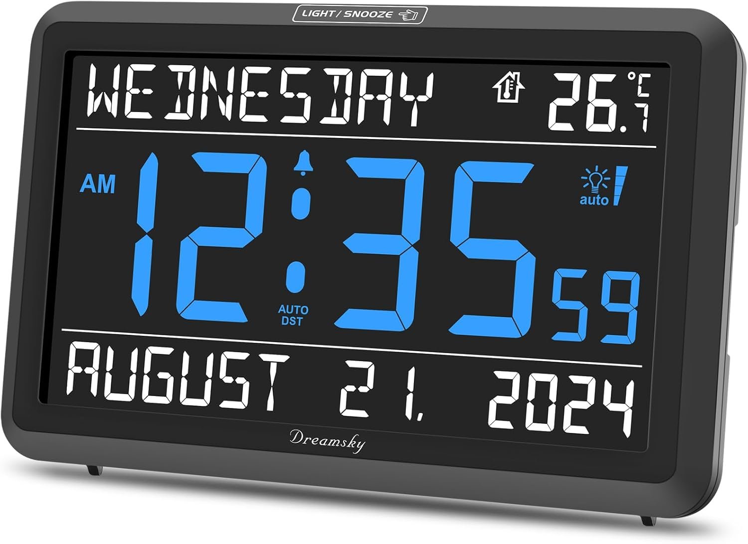 DreamSky Large Digital Clock with Date and Day of Week for Seniors | Electric Desk Clock for Elderly, Bedroom Alarm Clock with Battery Backup, Dimmer, USB, Auto DST, Temperature, Volume Control