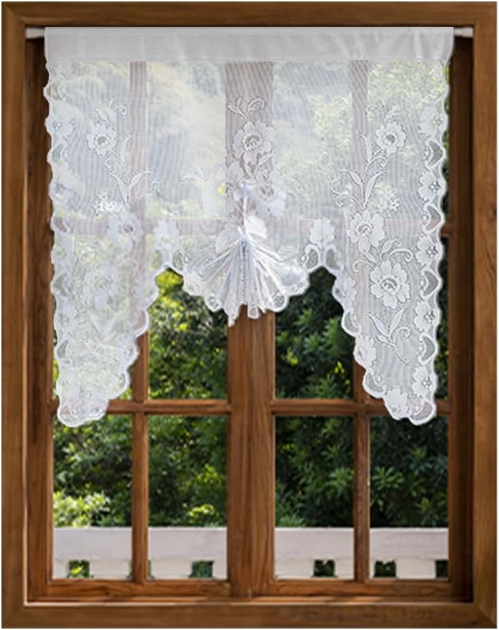 Jayla White Semi-Sheer Floral Lace Curtain Swag for Kitchen Half Window Bathroom Decoration Rod Pocket,59 x 39 Inch, 1 Panel