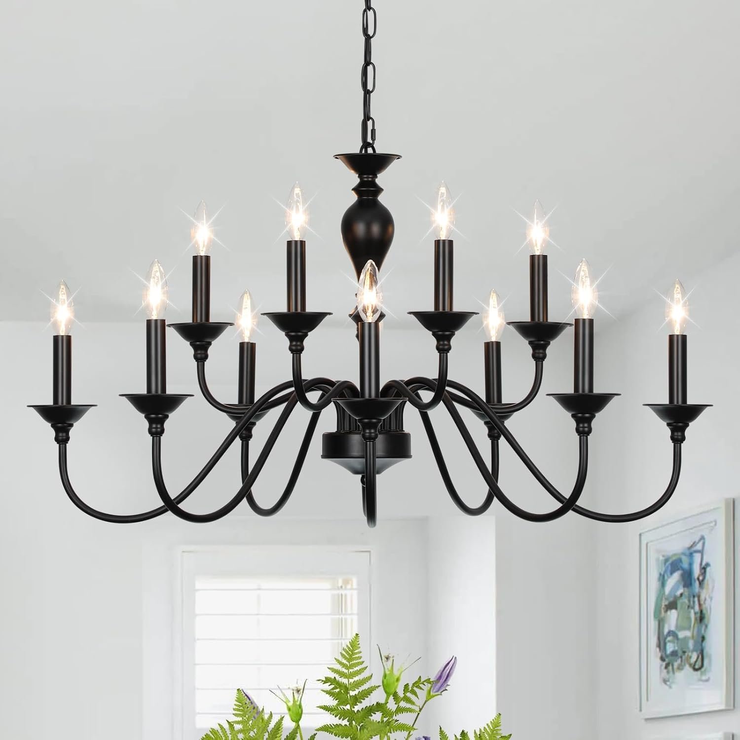 LIGHTDAMY Black Farmhouse Chandeliers for Dining Room Light Fixtures Over Table, 12 Light Industrial Candle Hanging Chandeliers for Living Room Kitchen Island Foyer Staircase