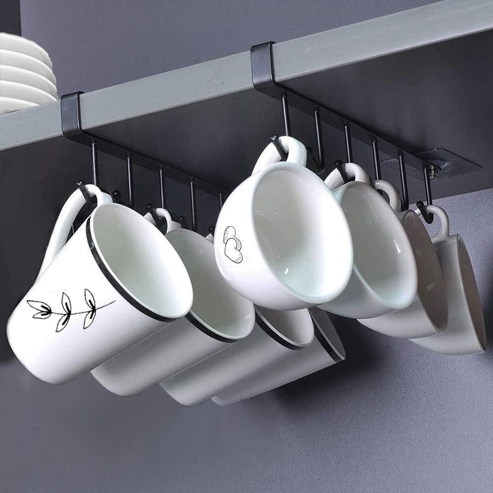 AliCH 2pcs Mug Hooks Under Cabinet Mug Holder Rack,Nail Free Adhesive Coffee Cups Holder Hanger for Cups/Kitchen Utensils/Ties Belts/Scarf/Keys Storage, Fit for 0.8inch Thickness Shelf or Less (Black)