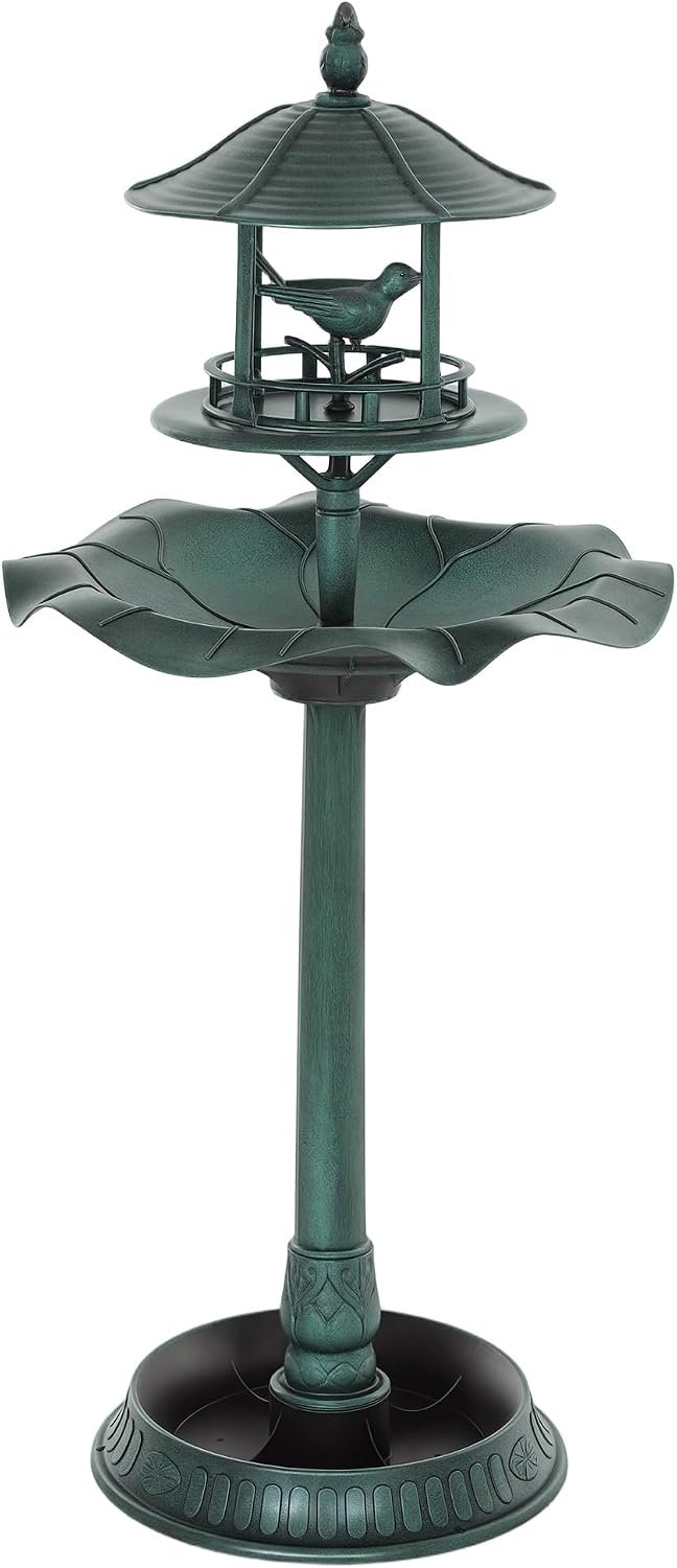 Outsunny 3 in 1 Garden Bird Bath Bowl Pedestal with Bird Feeder, Large Water Basin, Underneath Flower Planter, Green