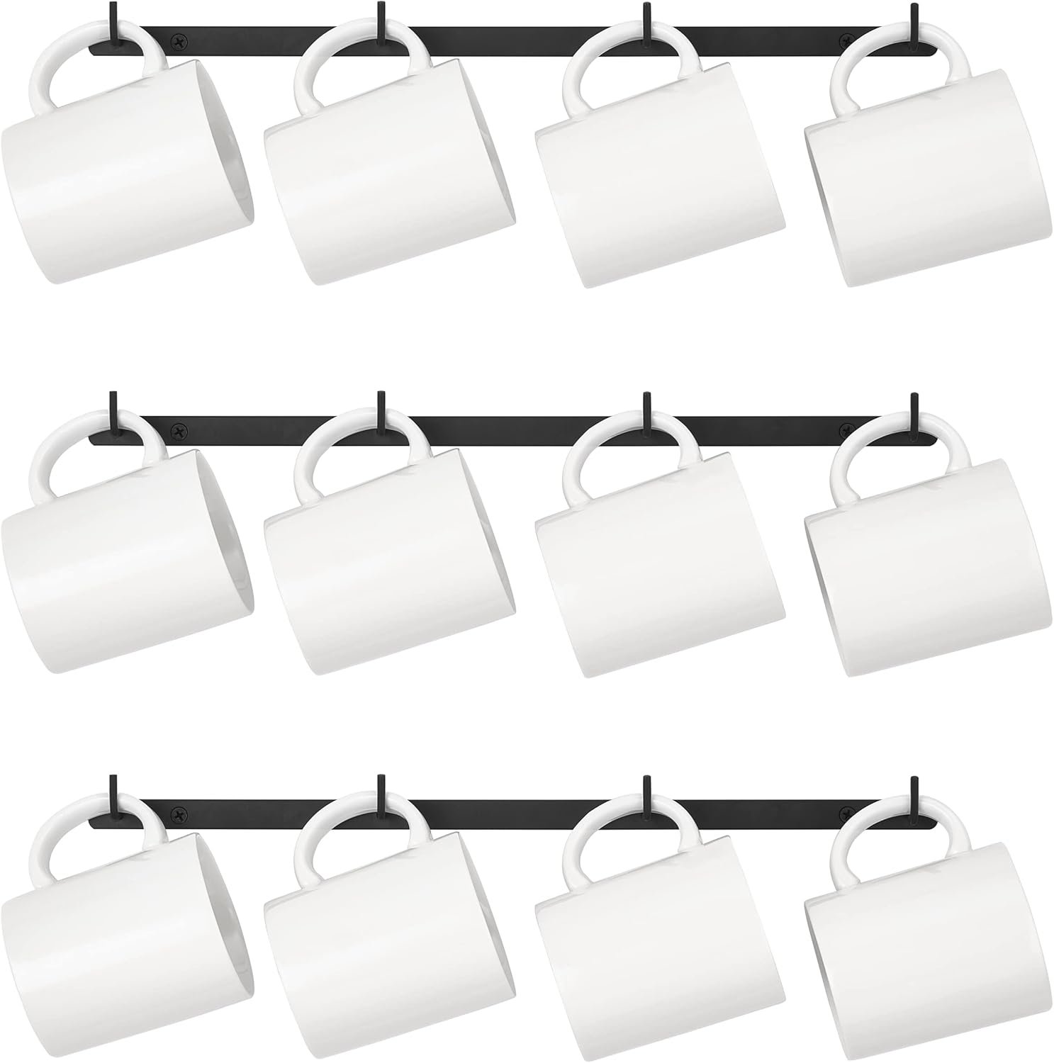 Dahey Metal Coffee Mug Rack Wall Mounted with 12 Mug Hooks, Set of 3, Mug Display Rack Cup Holder Storage for Kitchen Dining Room Coffee Bar, Black