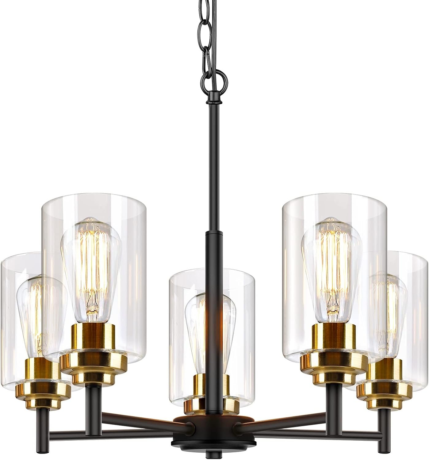 Sucolite 19.8” Dia 5-Light Chandelier for Dining Room Kitchen Island, Modern Farmhouse Pendant Lighting with Glass Shades Black & Gold Ceiling Light Fixture for Living Room, Height Adjustable