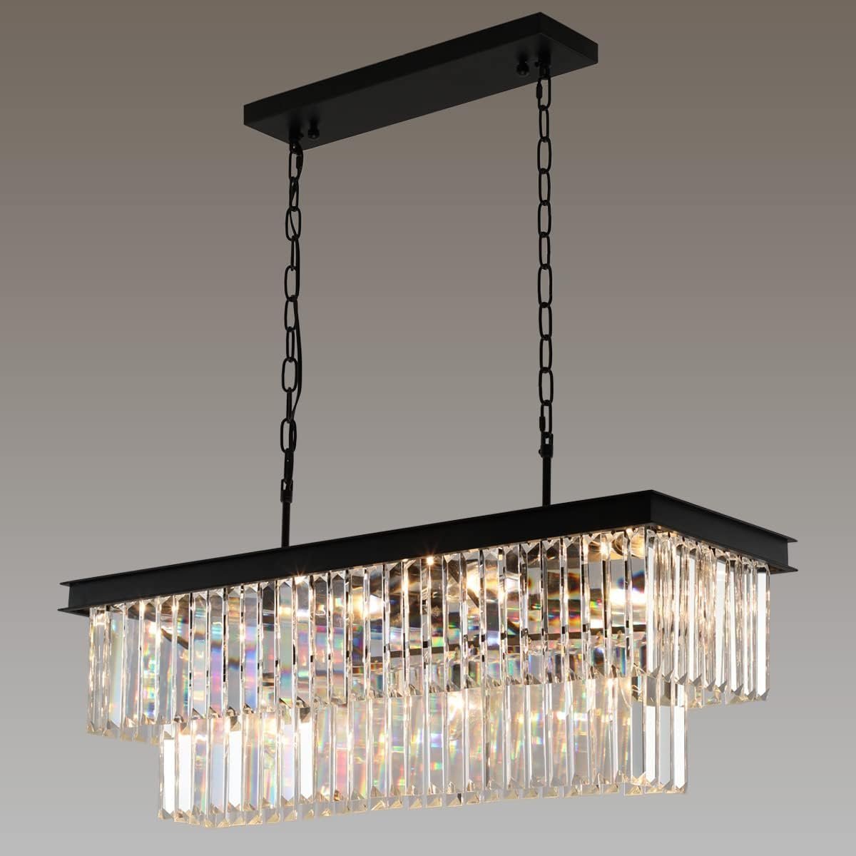 Weesalife Crystal Chandeliers for Dining Room 11-Light Black Modern Chandelier Rectangle Contemporary Pendant Light Fixture for Kitchen Island Bar L33.5 Inch