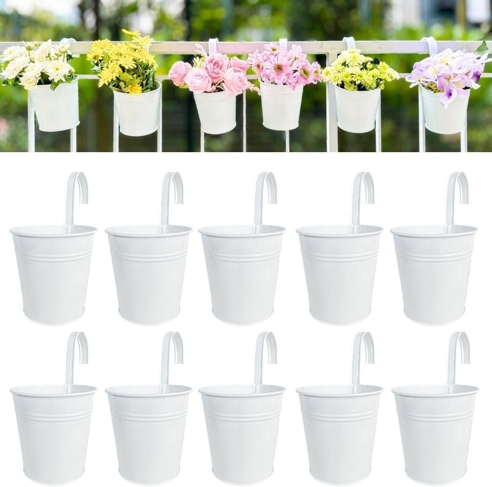 LaLaGreen Hanging Planters – 10 Pack, 4 Inch Balcony Railing Hanging Herb Garden Wall White Metal Bucket Fence Planter for Outdoor Plants Flower Pot Deck Rail Porch Window Box Hooks Macetas Colgante