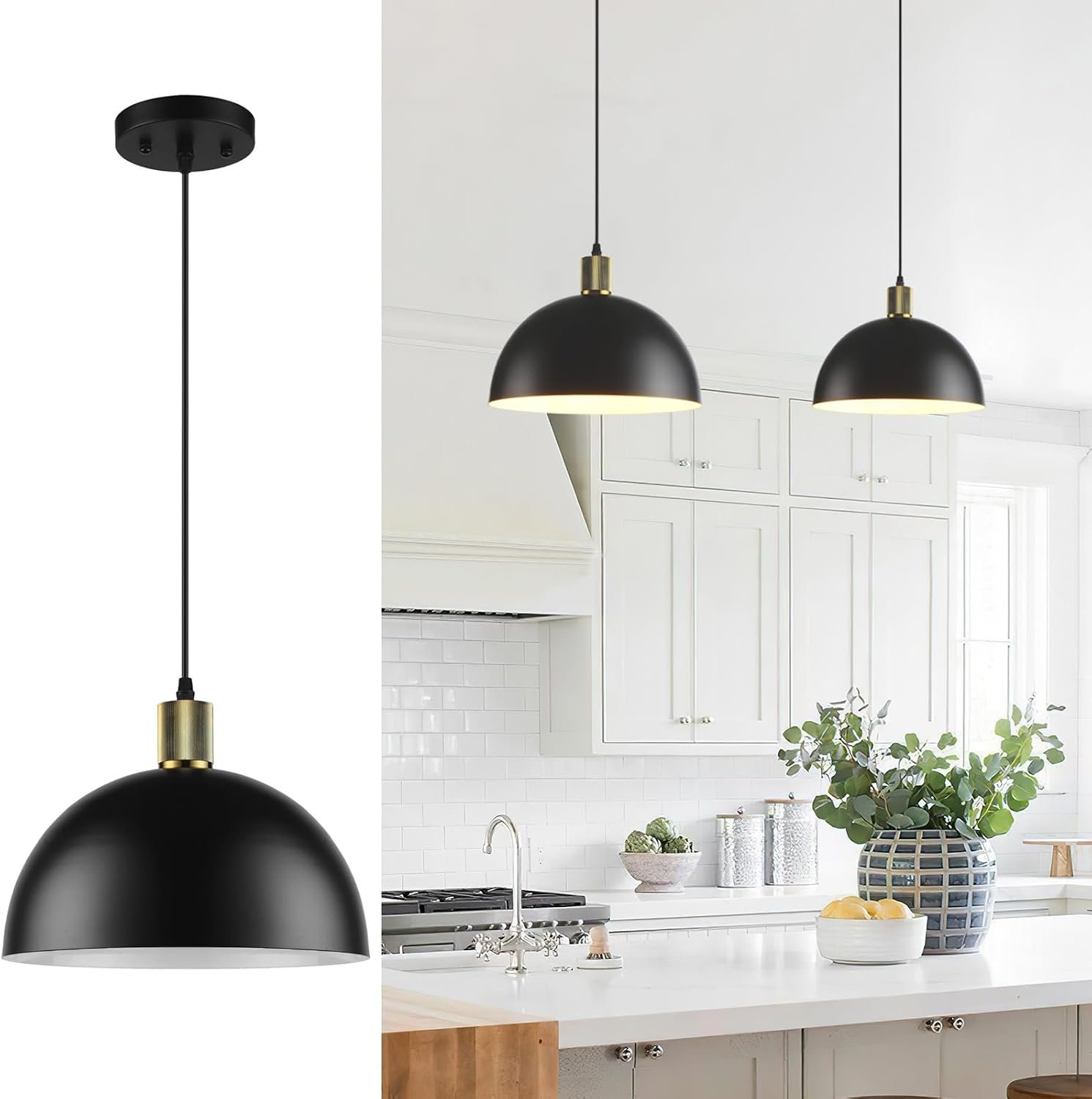 Black Pendant Lights Kitchen Island, 11.8″ Modern Dome Pendant Light Fixtures Farmhouse Hanging Lights for Dining Room Hallway Sink Entryway
