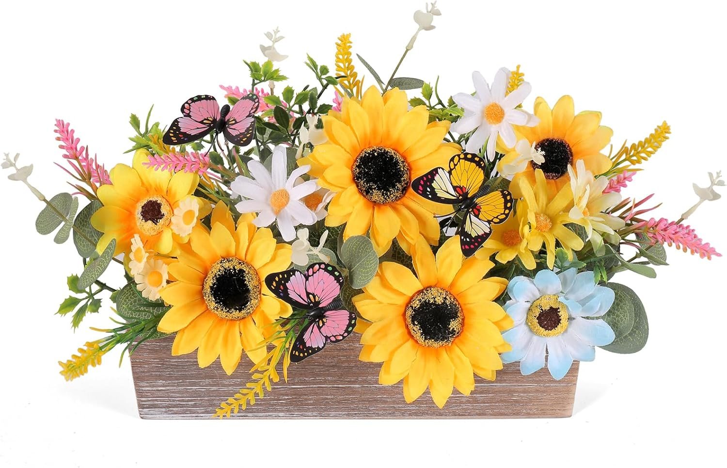 Summer Sunflower Table Centerpieces Rustic Artificial Floral Arrangements Wooden Crate, Rectangular Wooden Planter with Yellow Sunflowers for Tiered Tray Shelf Table Home Farmhouse Decor