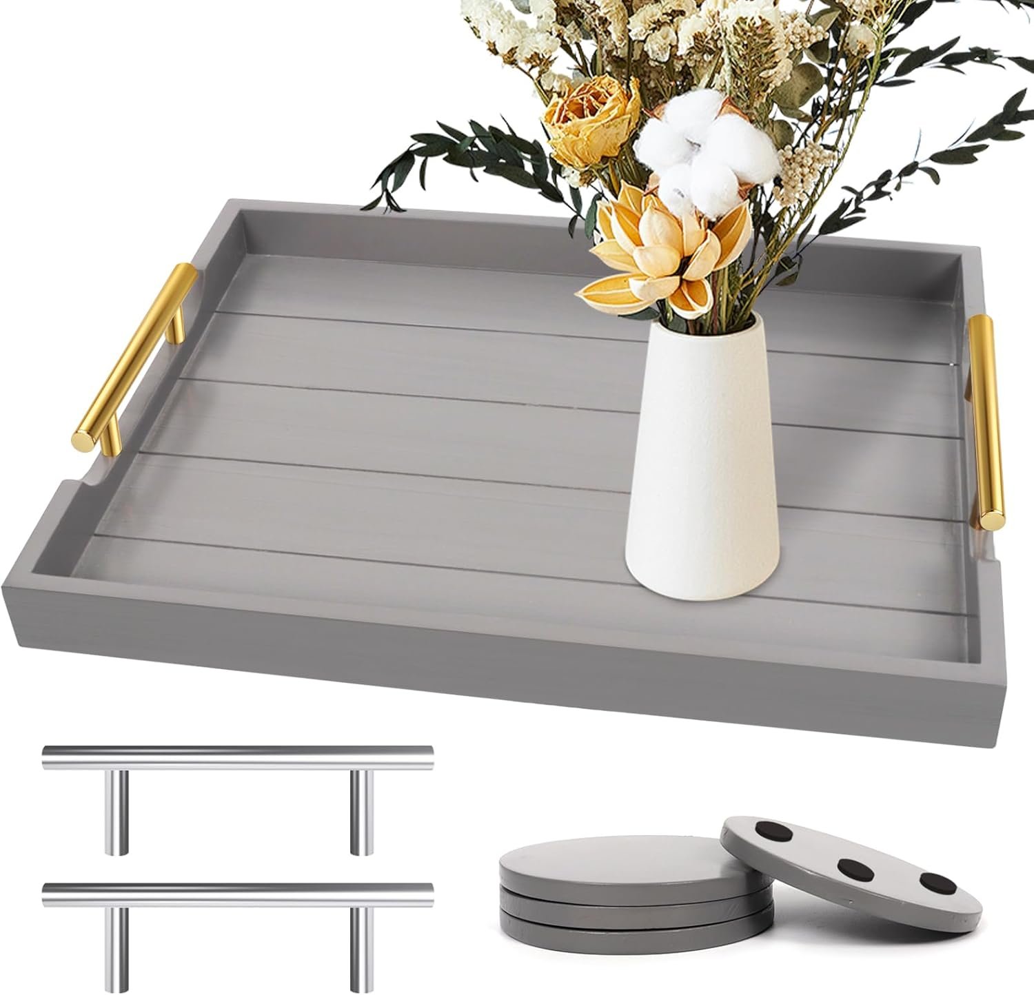 SXNOWS Wooden Serving Tray with 2 Sets of Handles,Large Ottoman Tray for Living Room, Rectangular Wood Tray for Coffee Table, Modern Farmhouse Kitchen Decor, 4 Round Coasters Included,Gray
