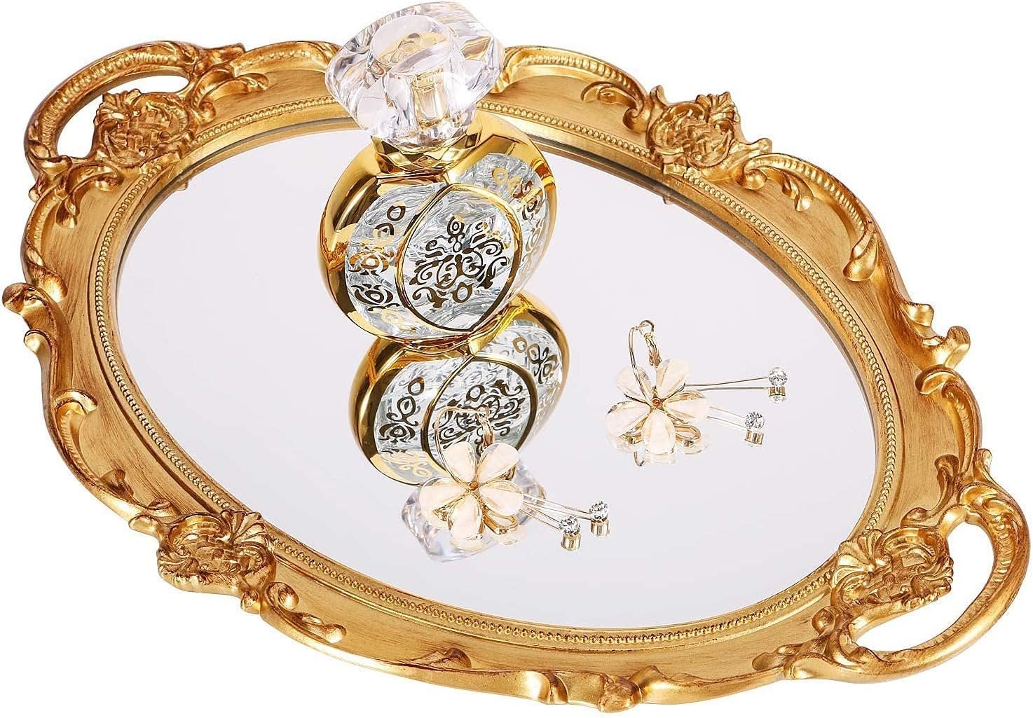 Polyresin Ellipse Antique Decorative Mirror Tray, Makeup Organizer, Jewelry Organizer, Serving Tray, 9.8”x 14.6”, Gold