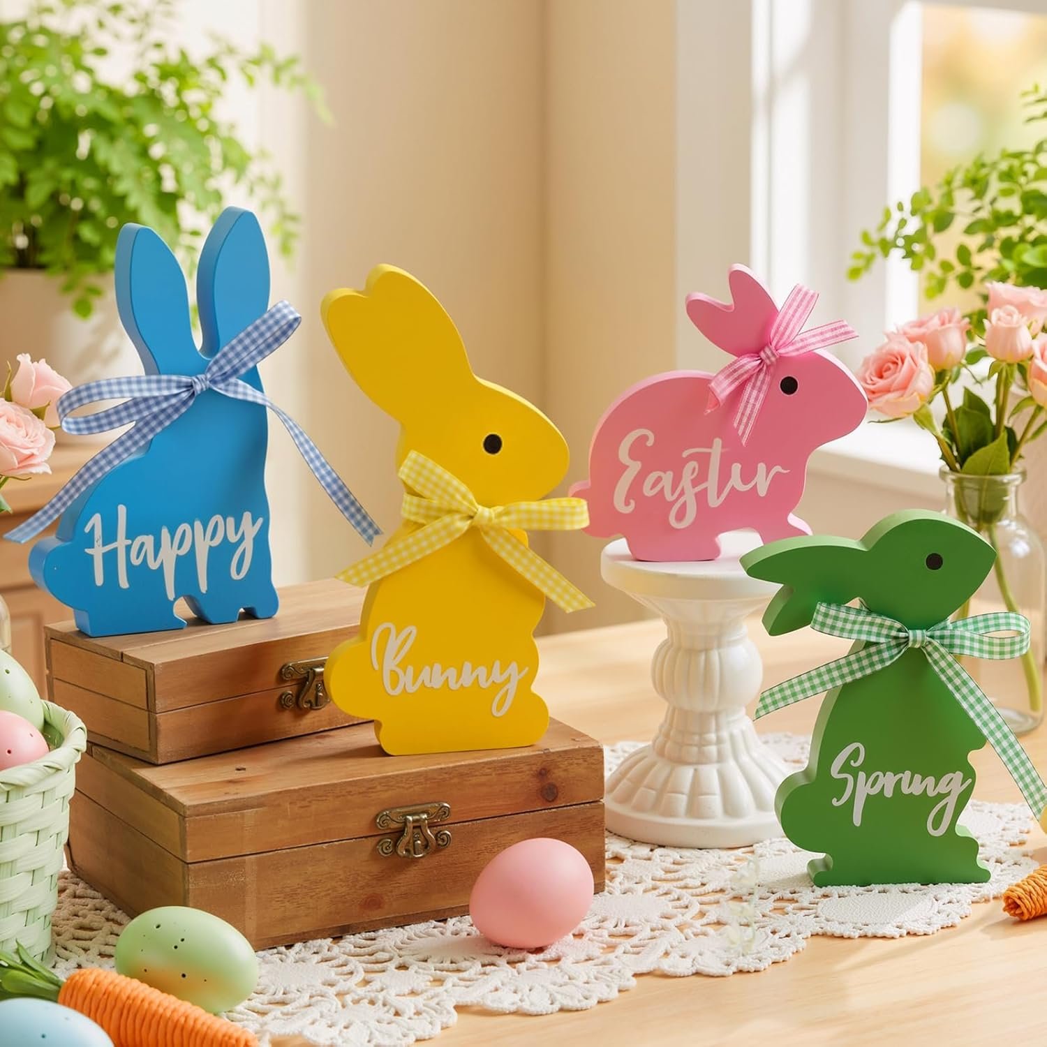 Olanrun Easter Decor, 4 Pcs Bunny Spring Easter Decorations for Home Office Table, 5~6.4 Inches Wood Rabbit Easter Decorations Sign with Ribbons for Tiered Tray Mantel Shelf, Farmhouse Party Supplies