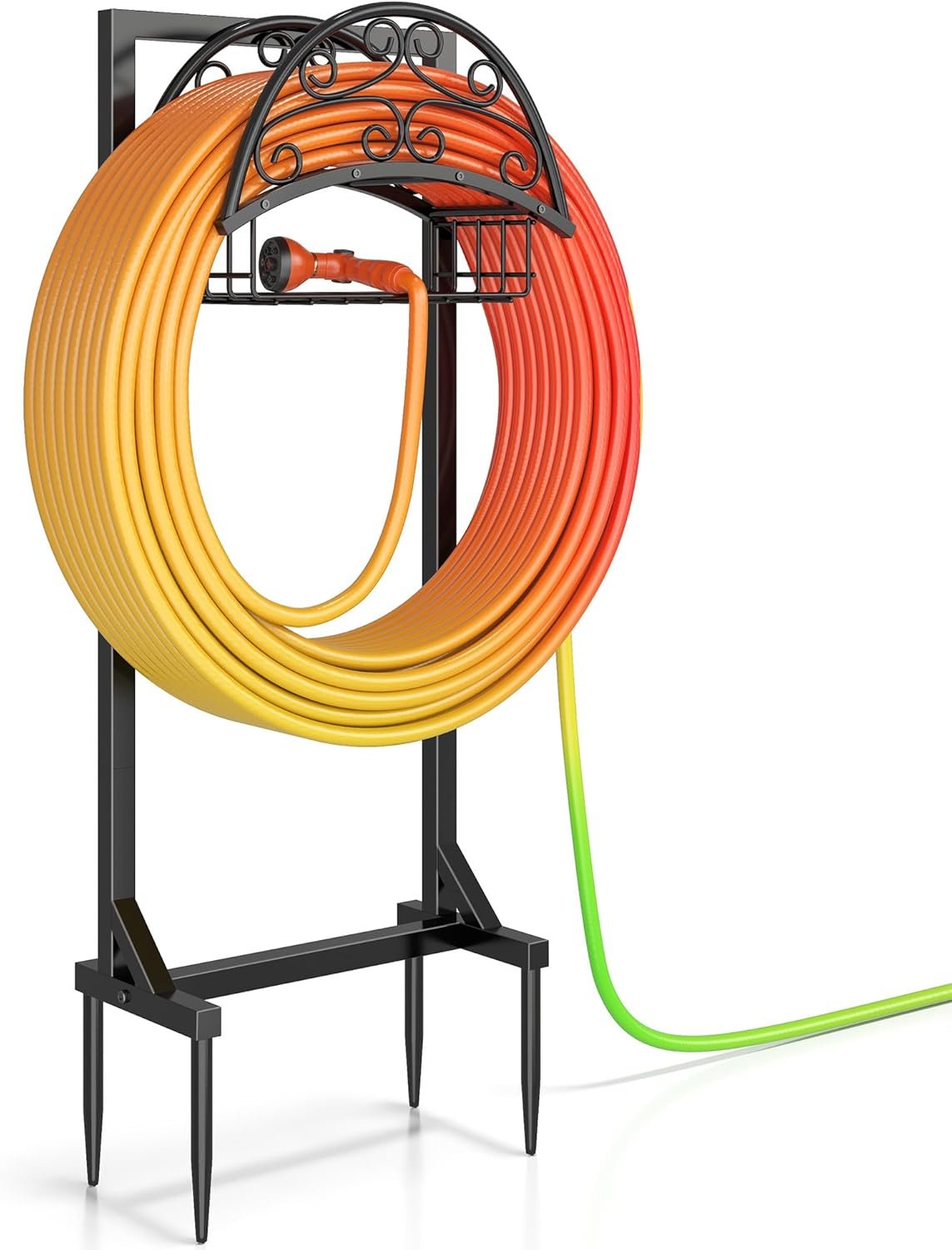 Garden Hose Holder – Freestanding Water Hose Stand with Storage Basket, Sturdy Metal Hanger Heavy-Duty Garden Storage Rack for Outside, Supports 151FT
