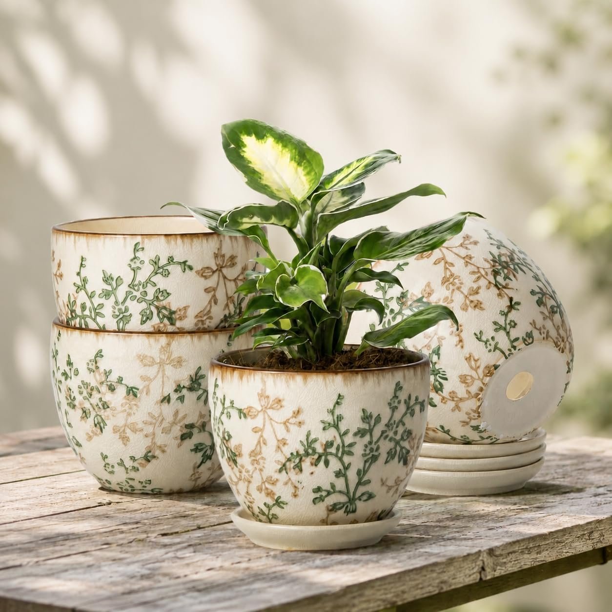 Retro Ceramic Garden Pots, 5.8 Inch Plant Pots with Drainage and Attached Saucer Set of 4, Chinoiserie Floral Large Flower Pots for Home Decor, Plant Lover Gifts, White Green