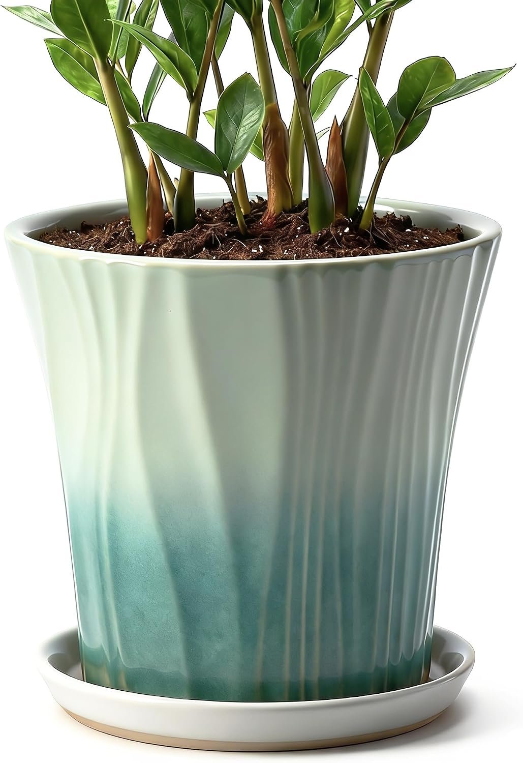 10 Inch Ceramic pots for Plants with Saucer Drainage Leak-Proof Mesh, Round Plant Pot with Gardening Gloves for Indoor Outdoor Plants (Rippled Green)