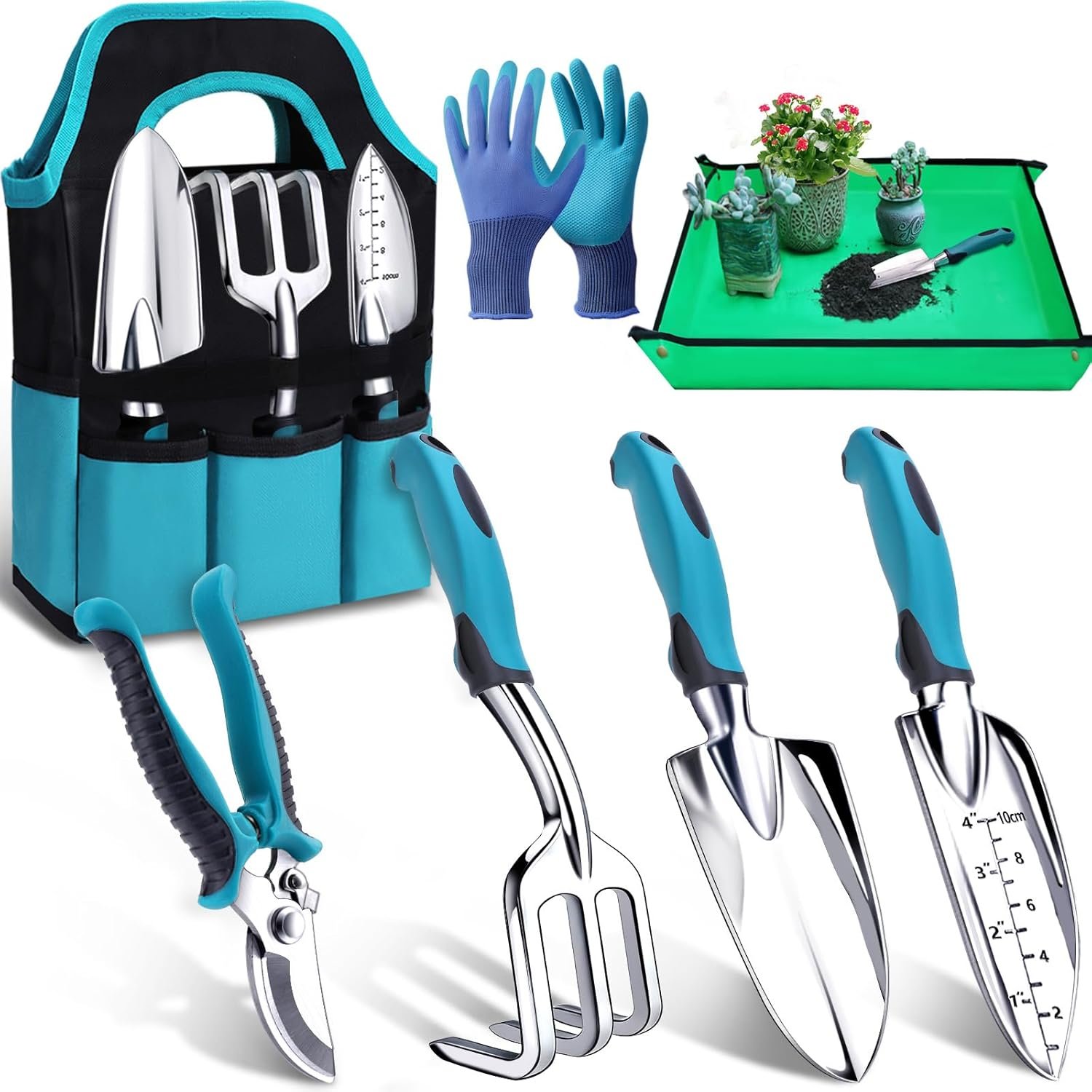Kynup 7-Piece Gardening Tools Set, Heavy Duty Garden Tools Kit with Garden Trowel, Garden Hand Shovel, Repotting Mat, Rust Resistant, Gardening Essentials & Supplies, Bag, Gifts Kits for Women