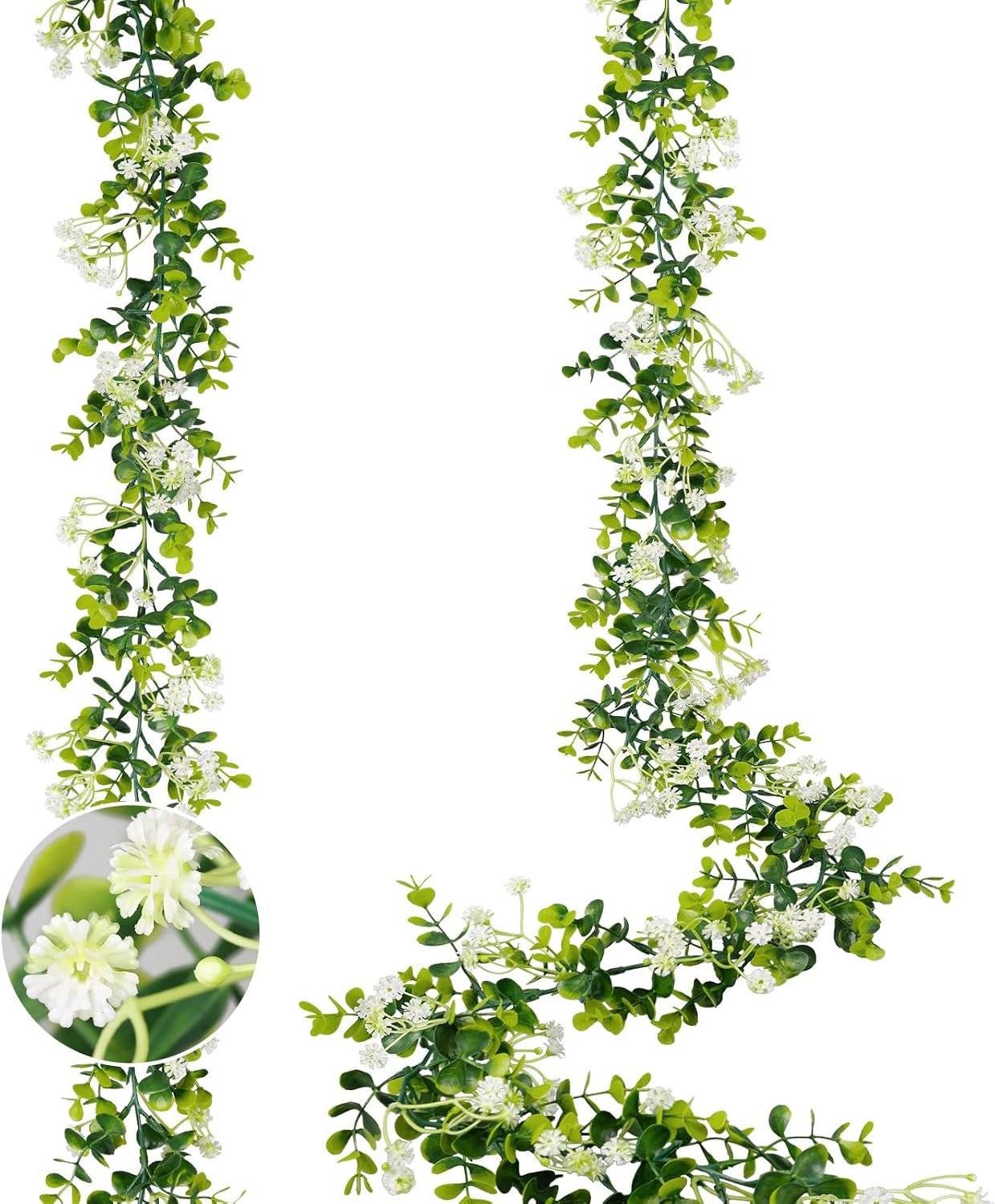 6FT Eucalyptus Garland with Flowers, 2 Pack Artificial Greenery Garland Hanging Summer Eucalyptus Garland Suitable for Table Wedding Backdrop Arch Wall Party UV Protected Indoor Outdoor Decor