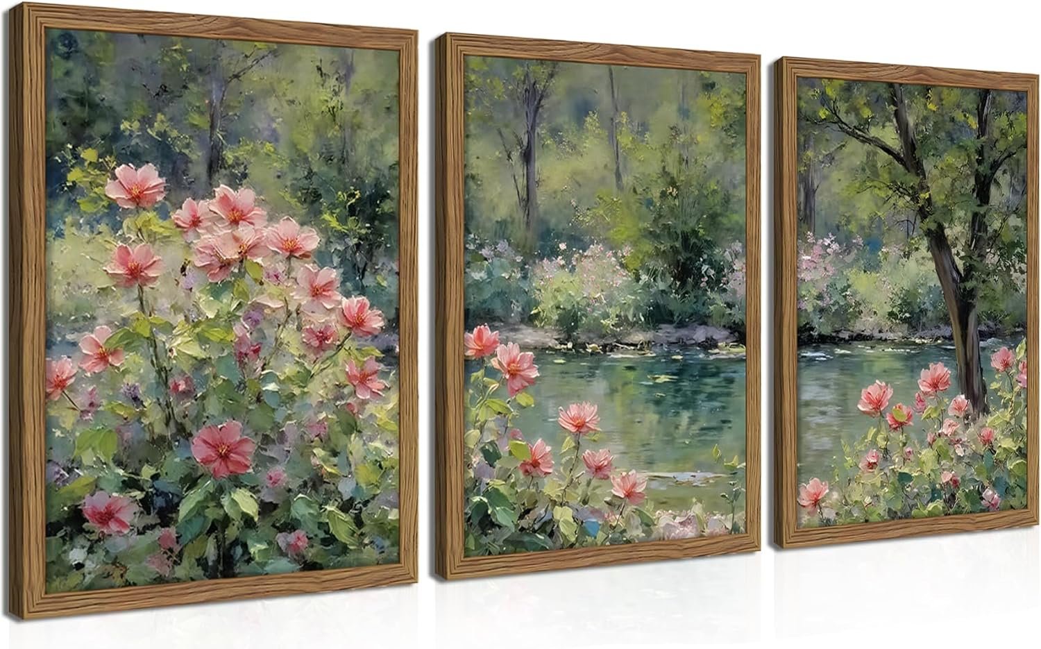 Framed Monet Wall Art Set of 3, Impressionist Botanical Floral Canvas Wall Decor, Vintage Cottagecore Artwork Paintings, Nature Landscape Flowers Prints Pictures for Living Room Bedroom 12×16 Inch