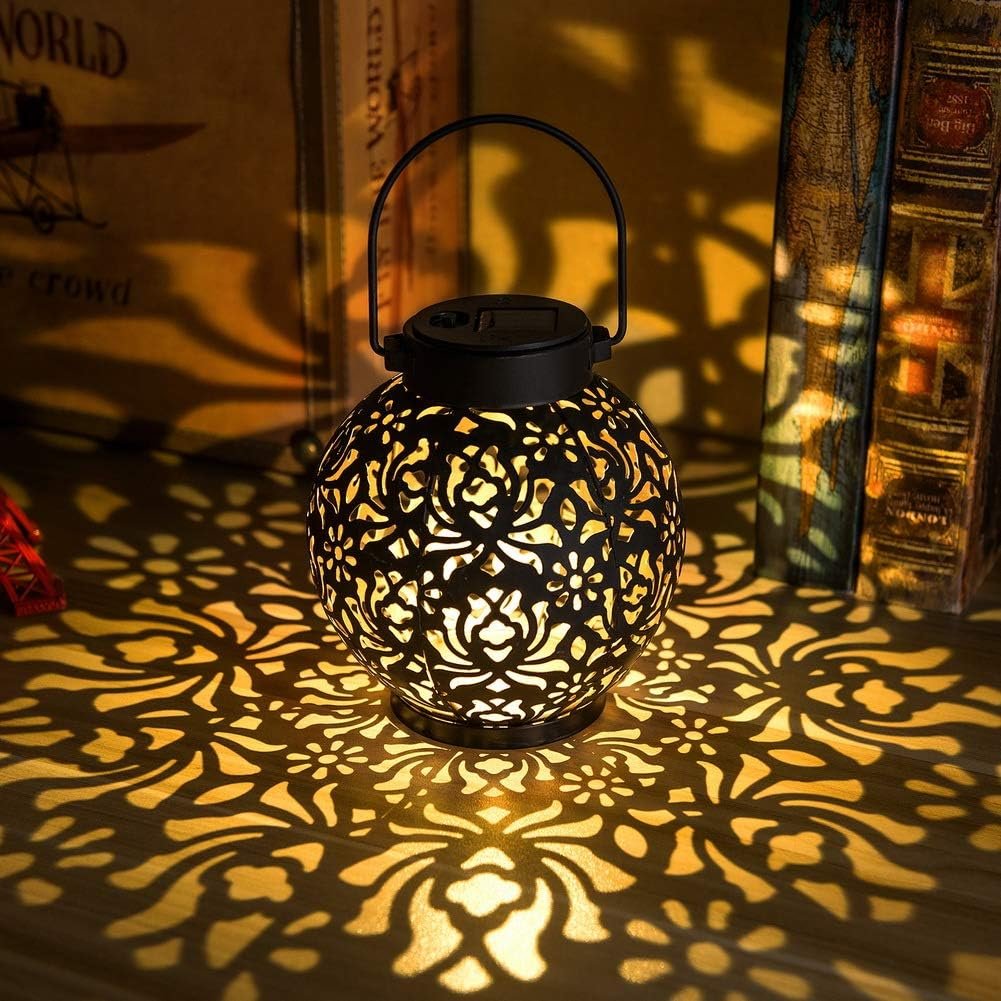EXCMARK 2 Pack Outdoor Solar Hanging Lantern Lights Metal LED Decorative Lamp for Garden Patio Courtyard Lawn and Table with Hollowed-Out Design (Black)