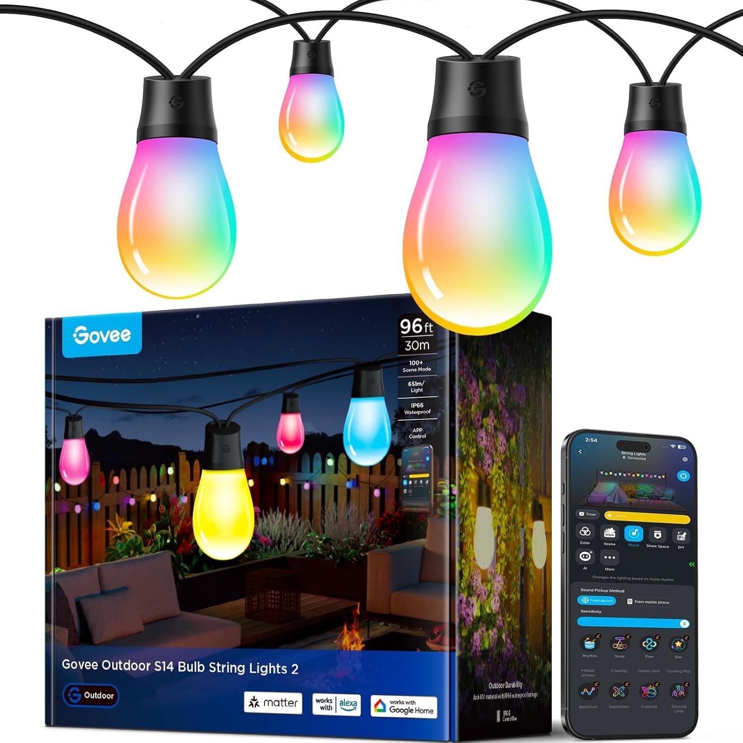 Govee S14 Bulb Outdoor String Lights 2, 96ft Smart RGBIC Warm White Lights with 30 LED Bulbs(2 Ropes of 48ft), 111 Scene Modes for Patio Decor, IP66 Compatible with Alexa, Google, Matter, APP Control