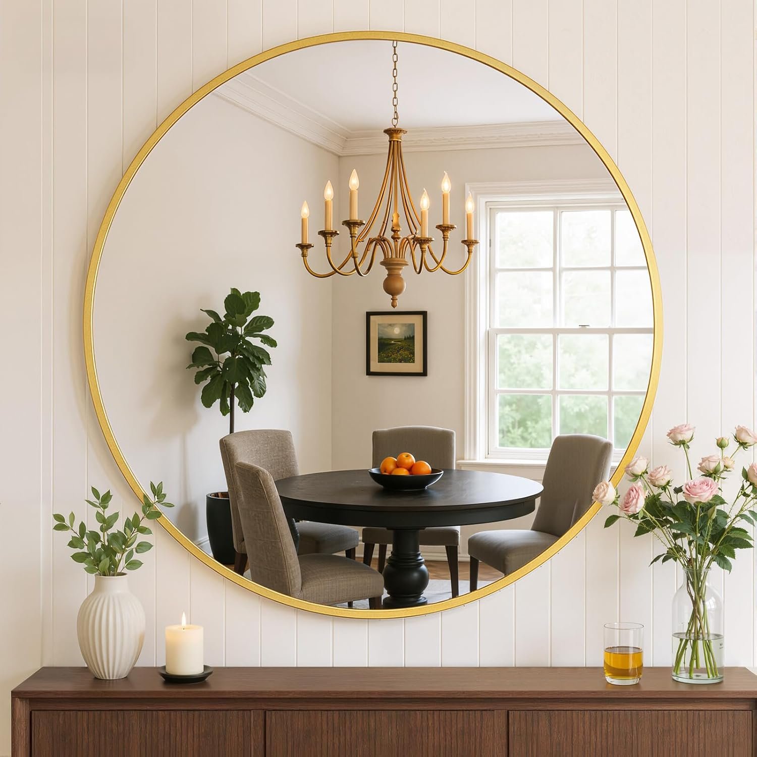 24 Inch Round Bathroom Mirror for Wall, Matte Gold Metal Framed | Circle Vanity Mirror for Bathroom Bedroom Living Room Entryway, Anti-Rust, Tempered Glass, Hanging or Leaning