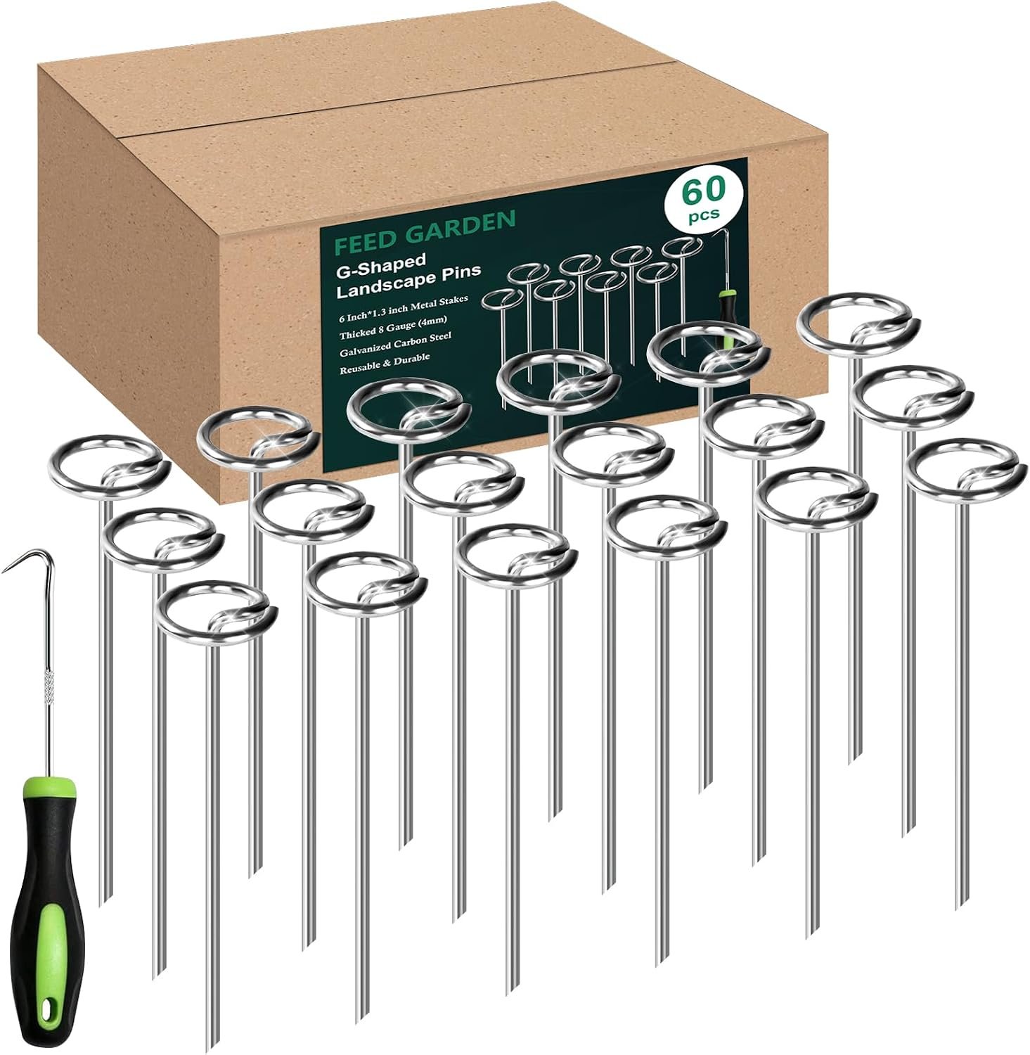FEED GARDEN Heavy Duty Landscape Fabric Pins 8 Gauge 60 Pack with Pick Hook, 6 Inch Galvanized Round Head Garden Stakes for Weed Barrier Fabric, Turf, Sod, Tent, Garden Edging & Hard Soil