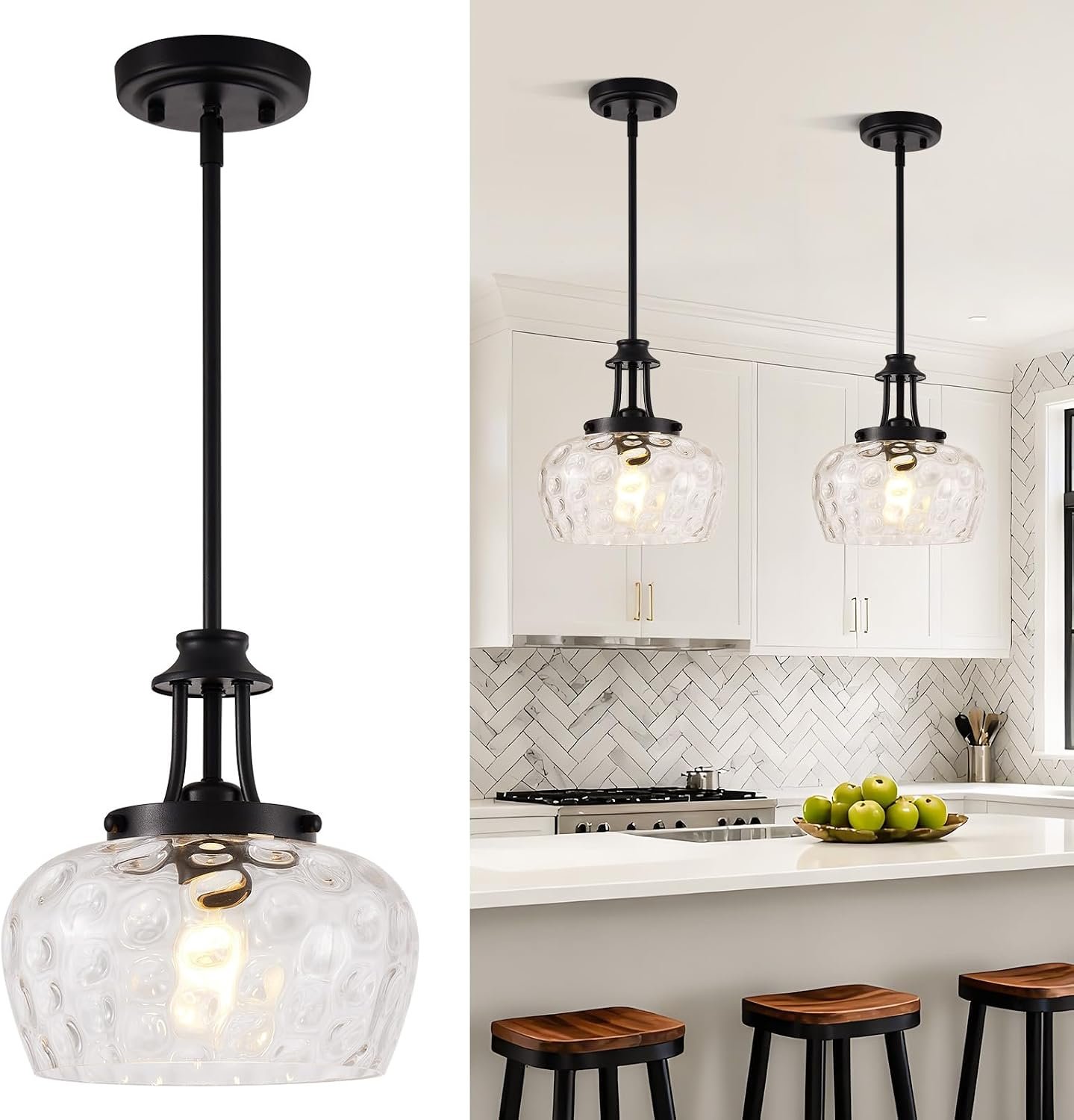 Modern Pendant Lights Kitchen Island, Matte Black Pendant Light Fixtures with 10″ Clear Hammered Glass Shade, Industrial Hanging Pendant Lights Fixture for Kitchen Island Dining Room Bedroom Entryway