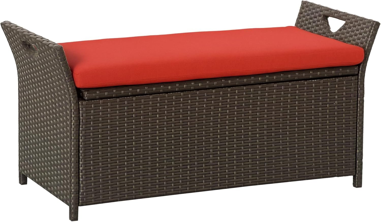 Outsunny 29 Gallon Patio Wicker Storage Bench, Outdoor PE Rattan Furniture, 2-in-1 Large Capacity Rectangle Garden Storage Box with Handles and Cushion, Red