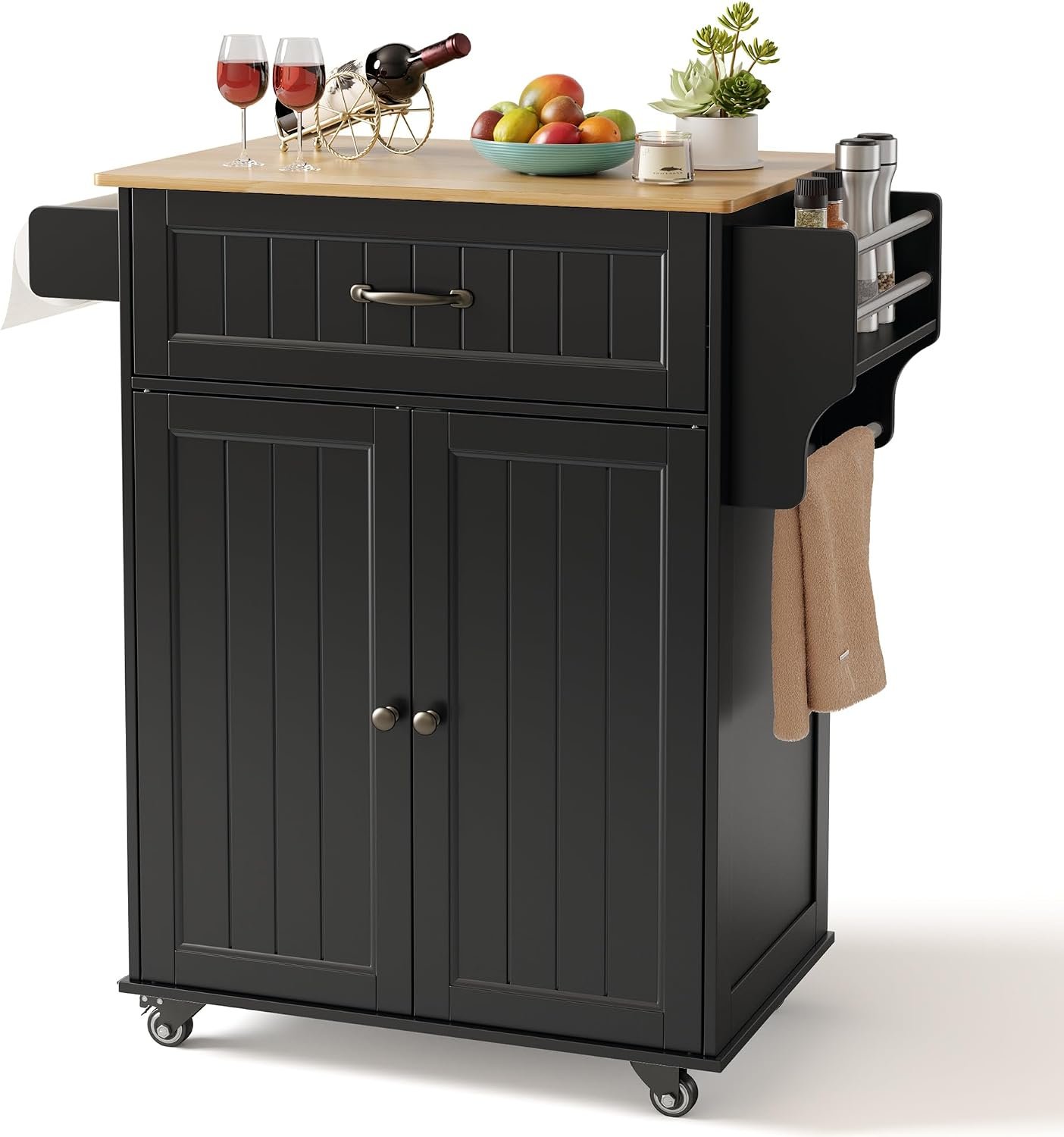 Gizoon Kitchen Island Cart with Rubberwood Top, 33″ W Rolling Kitchen Island on Wheels with Adjustable Shelf, Drawer, Spice Rack, Towel Bar, Mobile Storage Cabinet for Dining Room, Home Bar, Black