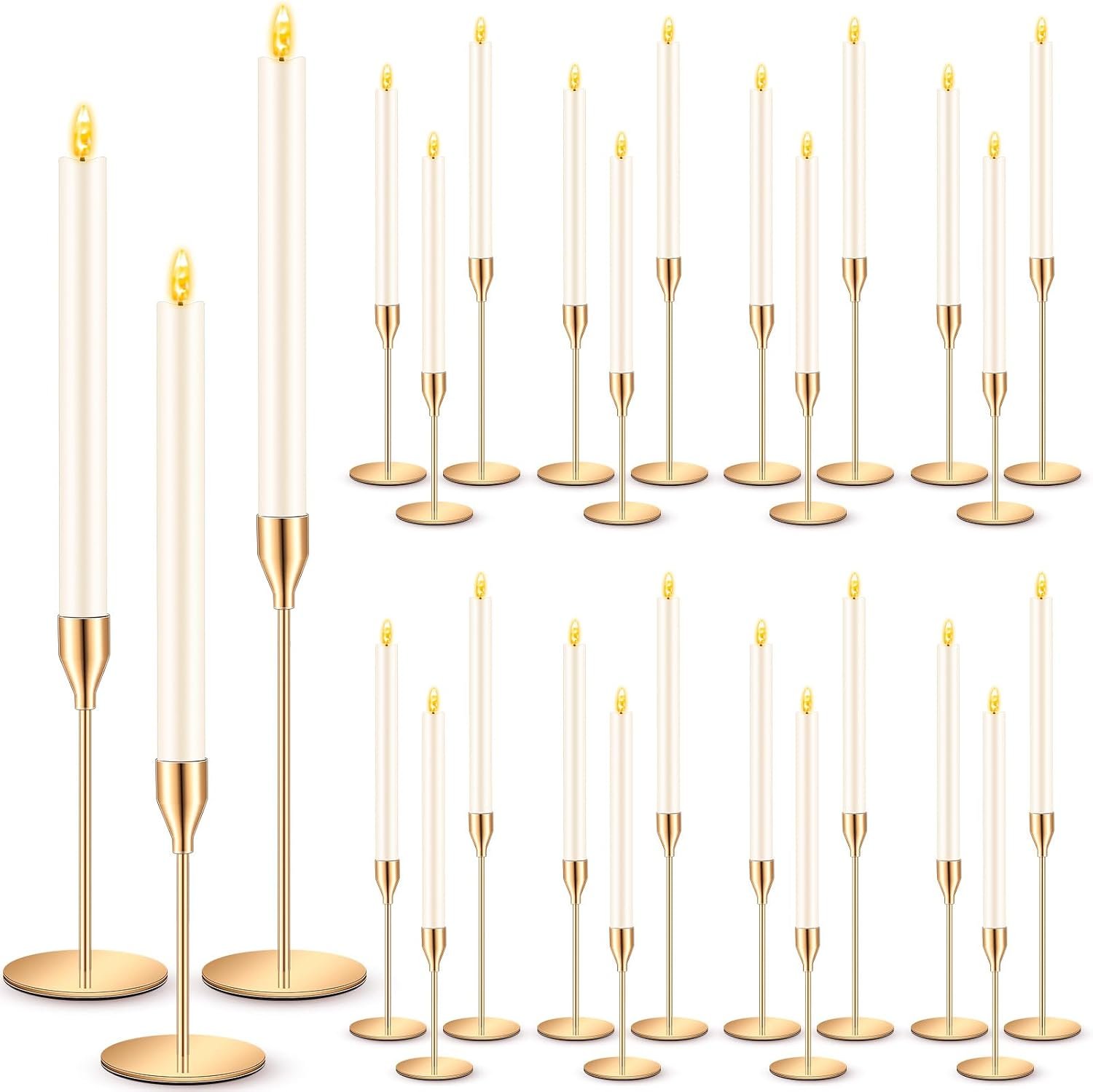 FillTouch 30 Pcs Gold Candlestick Holders with Flameless LED Candles Bulk Includes 15 Metal Candle Holders 15 Ivory Battery Operated Taper Candles for Wedding Valentines Table Centerpieces Home Decor