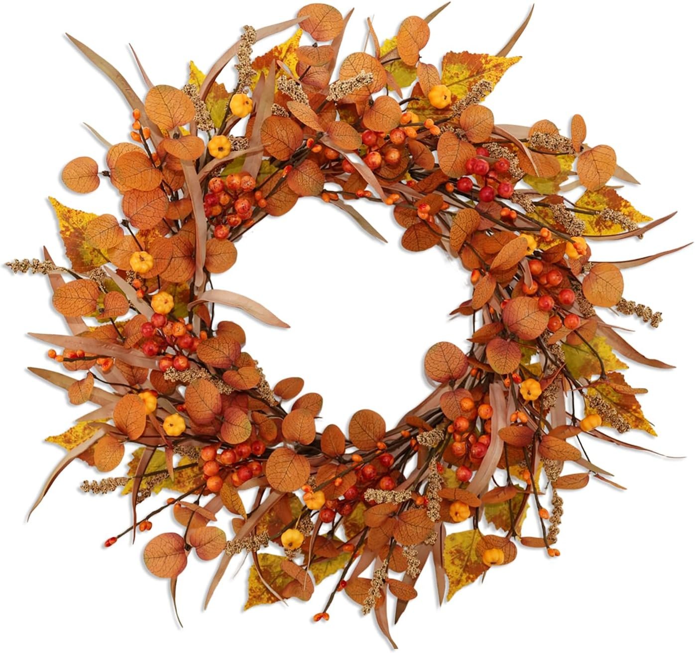 Fall Wreaths For Front Door 22 Inch Artificial Autumn Wreath with Eucalyptus leaves、Pumpkin、Red berries、Fall leaves suitable for Indoor Outdoor Porch Harvest Festival Thanksgiving Day Farmhouse Decor.