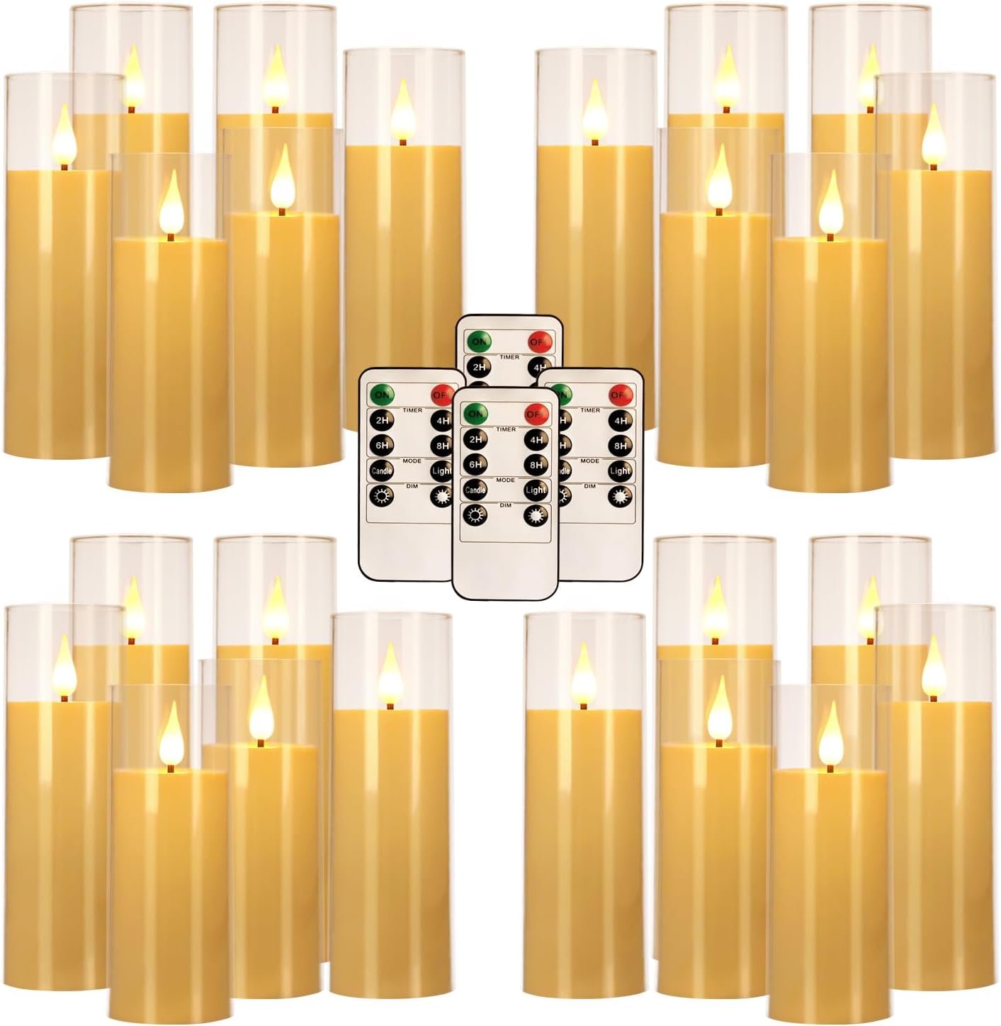 24-Pack LED Flameless Candles(14/16/18cm) with 4 Timers Remote – 3D Flickering Flame, Clear, Perfect Decor for Home & Events.