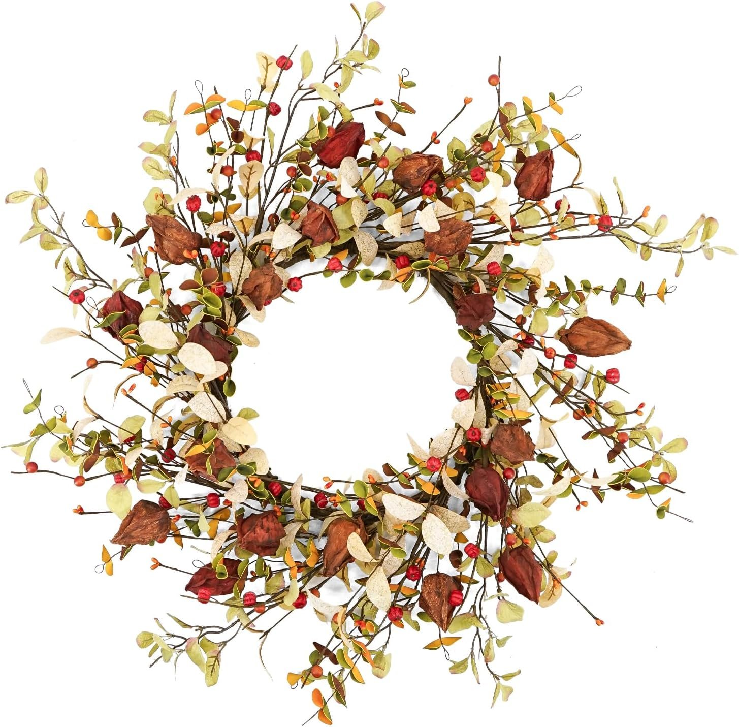 YNYLCHMX 20″ Fall Wreaths for Front Door, Artificial Autumn Wreath, Fall Wreath with Eucalyptus Leaves and Berries for Home Porch Window Wall Farmhouse Decor, Indoor Outdoor, Holiday Decor