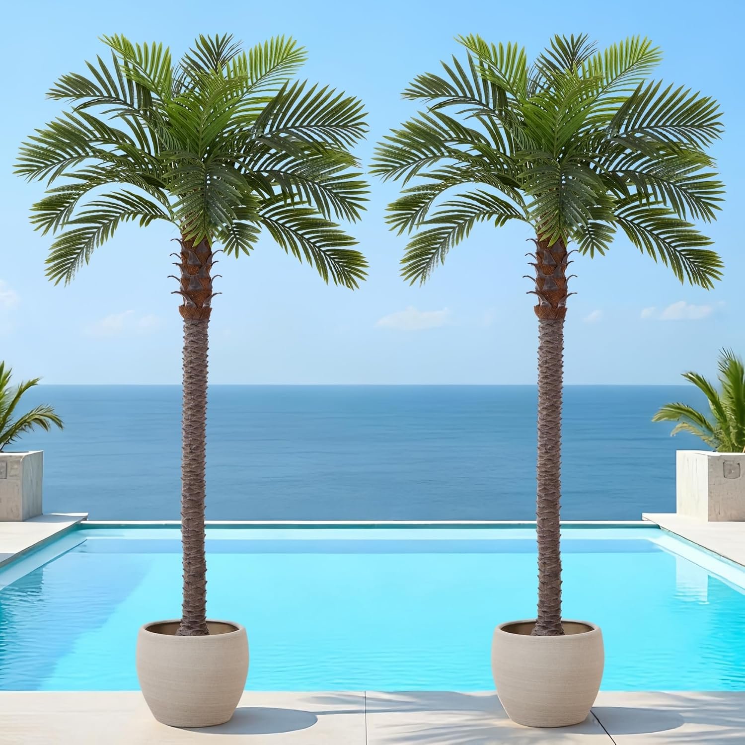 FloraFairy 8.5FT Artificial Coconut Palm Set of 2, Faux Silk Palm Tree, Tropical Fake Trees for Indoor Outdoor, Large Sago Palm Plants for Home Office Garden Patio Poolside Backyard