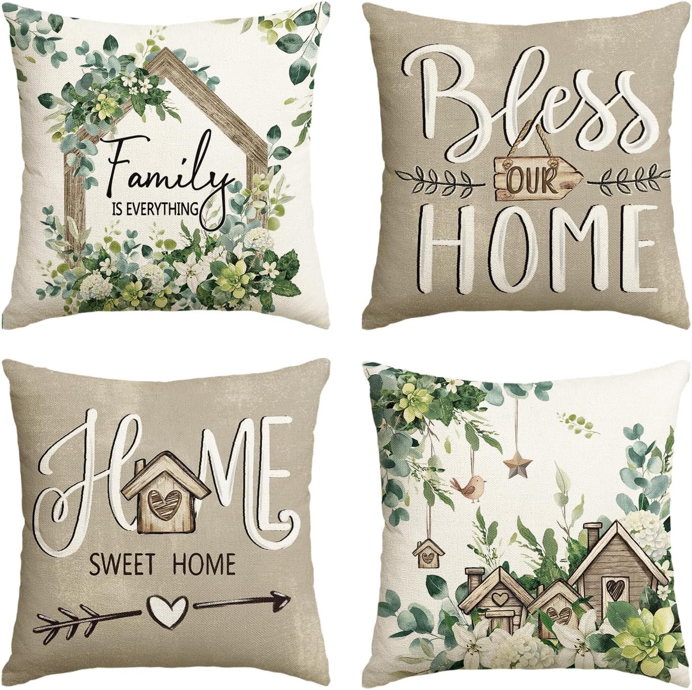 AVOIN colorlife Sweet Home Family is Everything Spring Floral Throw Pillow Covers, 18 x 18 Inch Seasonal Eucalyptus Flowers Cushion Case Decoration for Sofa Couch Living Room Home Decor Set of 4