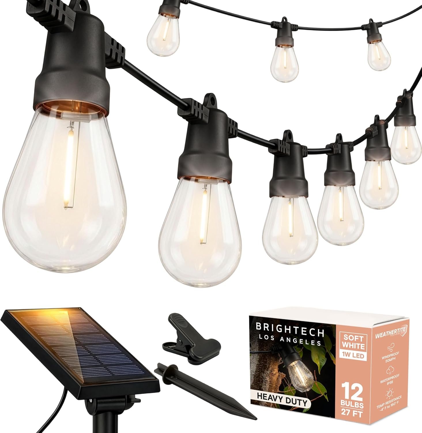 Brightech Ambience Pro Solar Powered Outdoor String Lights -27 ft Commercial Grade Waterproof Edison Patio Lights, Shatterproof LED String Lights for Outside, Porch – 12 Bulbs, 1W Soft White
