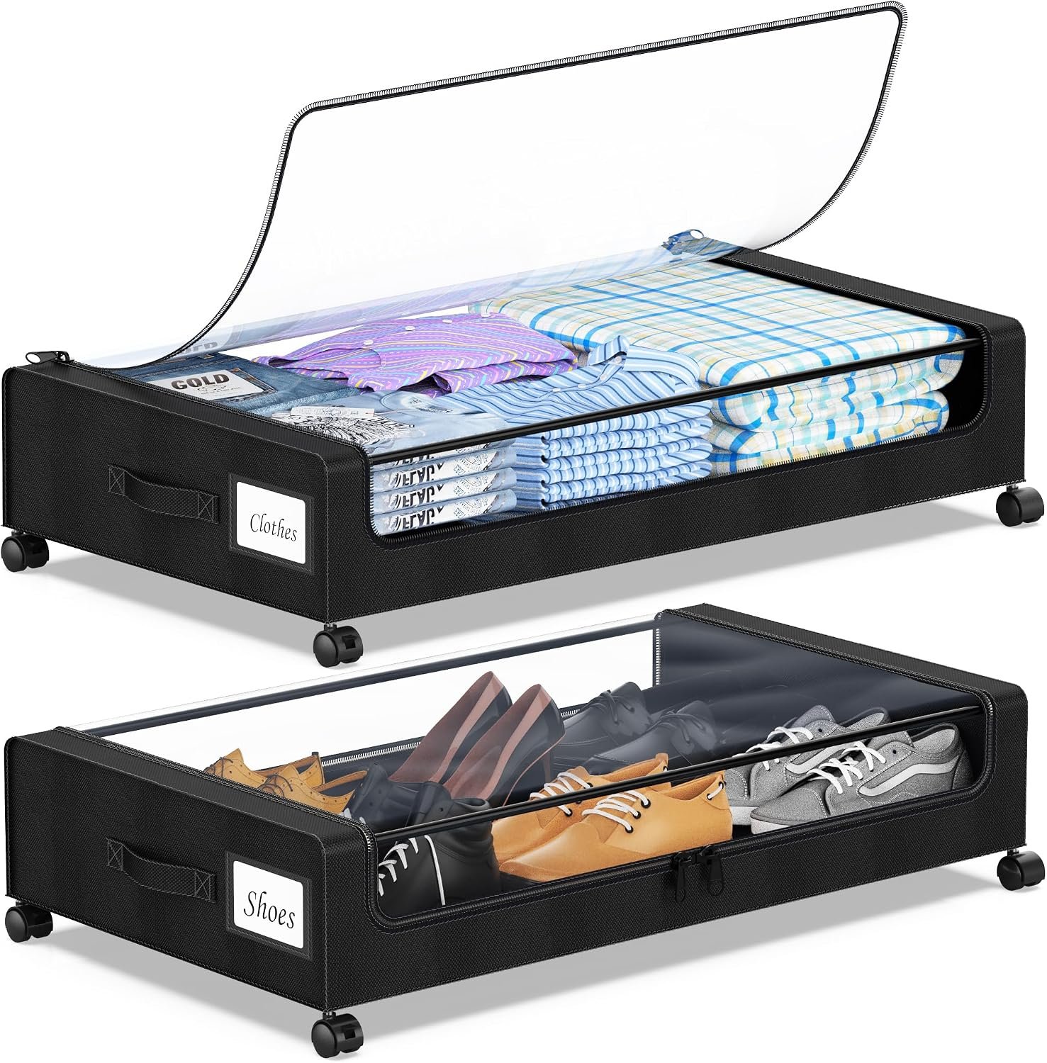 YAASHEEN Under Bed Storage with Wheels, 2-Pack Under the Bed Storage Containers with Clear Lids & Label, Underbed Storage Bins, XXL 60L Rolling Metal Drawer for Clothes, Shoes, Toys, Books – Black