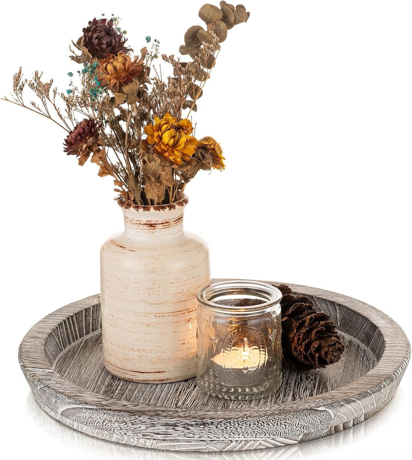 Wooden Decorative Tray Candle Holder: Romadedi Round Wood Tray Home Decor, Whitewash Rustic Trays for Farmhouse Dinning Table Kitchen Countertop Coffee Table Wedding Centerpiece, 11inch, Size L
