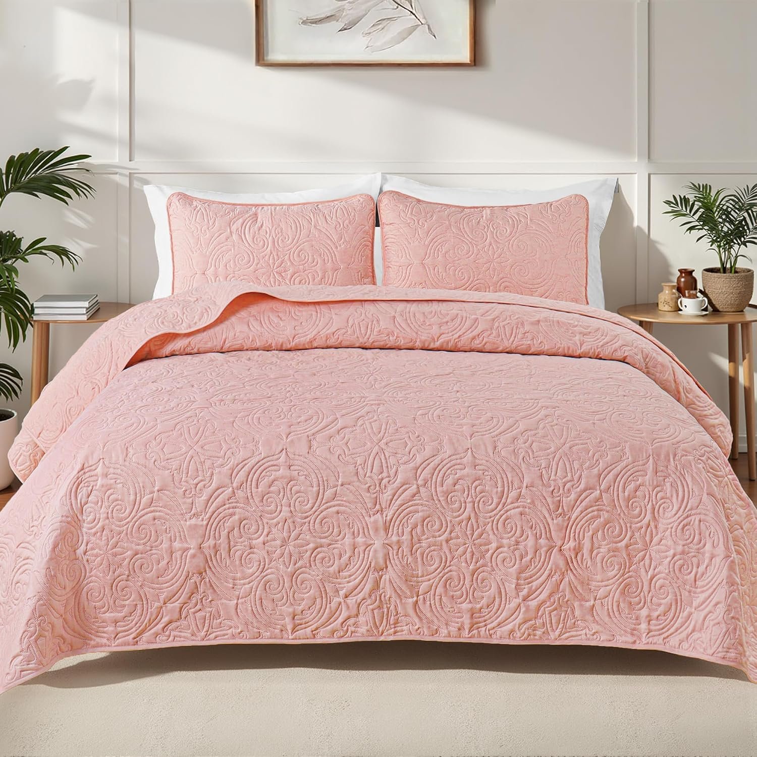 Exclusivo Mezcla Quilts Queen Size Bedding Set with 2 Pillow Shams, Lightweight Blush Pink Full Queen Quilt Bedspread with Vintage Damask Pattern, Soft Bedspreads Coverlets for All Seasons