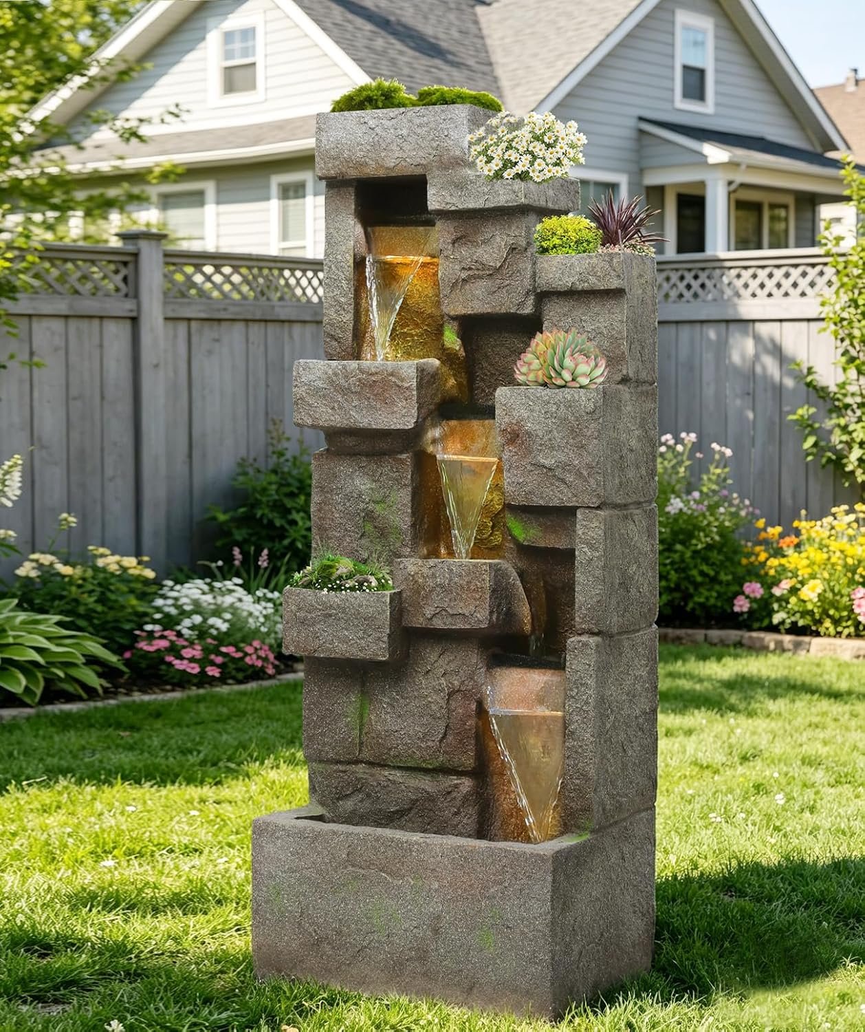 48.6″ Outdoor Fountain Modern Water Fountains with LED Lights and Pump Outdoor Rock Waterfall Fountain Decor for Garden, Porch, Patio
