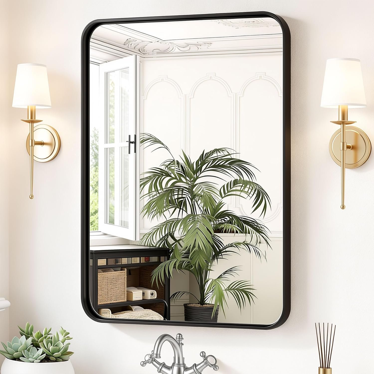 Sweetcrispy Bathroom Wall Mirror, 36×24 Inch Wall Mount Mirror for Over Sink, Modern Rounded Rectangle Vanity Mirrors with Matte Metal Framed, for Home Decor, Living Room, Bedroom, Black