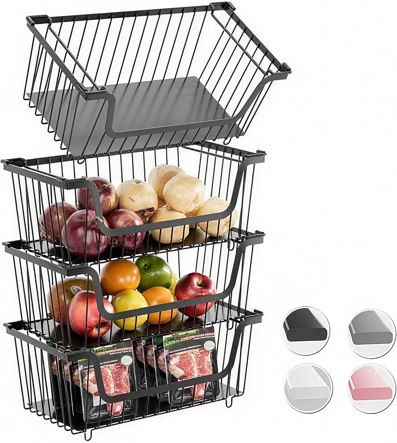 GAOKASE 4 Pcs Stackable Wire Baskets for Pantry Organizers and Storage,Vegetable Fruit Basket for Countertop,Kitchen Storage Metal Baskets,Produce Potato Onion Storage Bin-Black