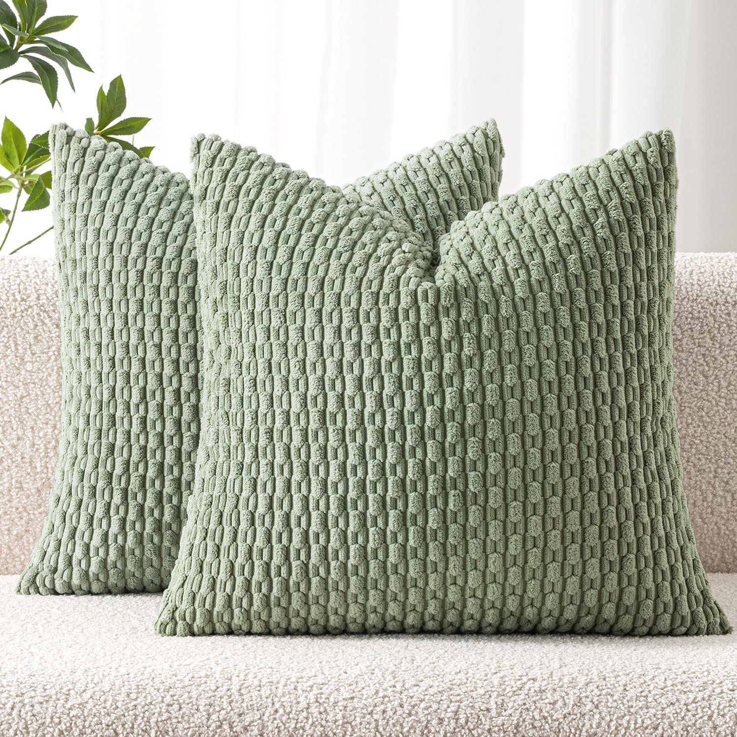 MIULEE Pack of 2 Decorative Throw Pillow Covers 18×18 Inch Soft Boho Striped Textured Corduroy Pillow Covers Spring Modern Farmhouse Home Decor for Couch Bed Sofa Living Room Sage Green