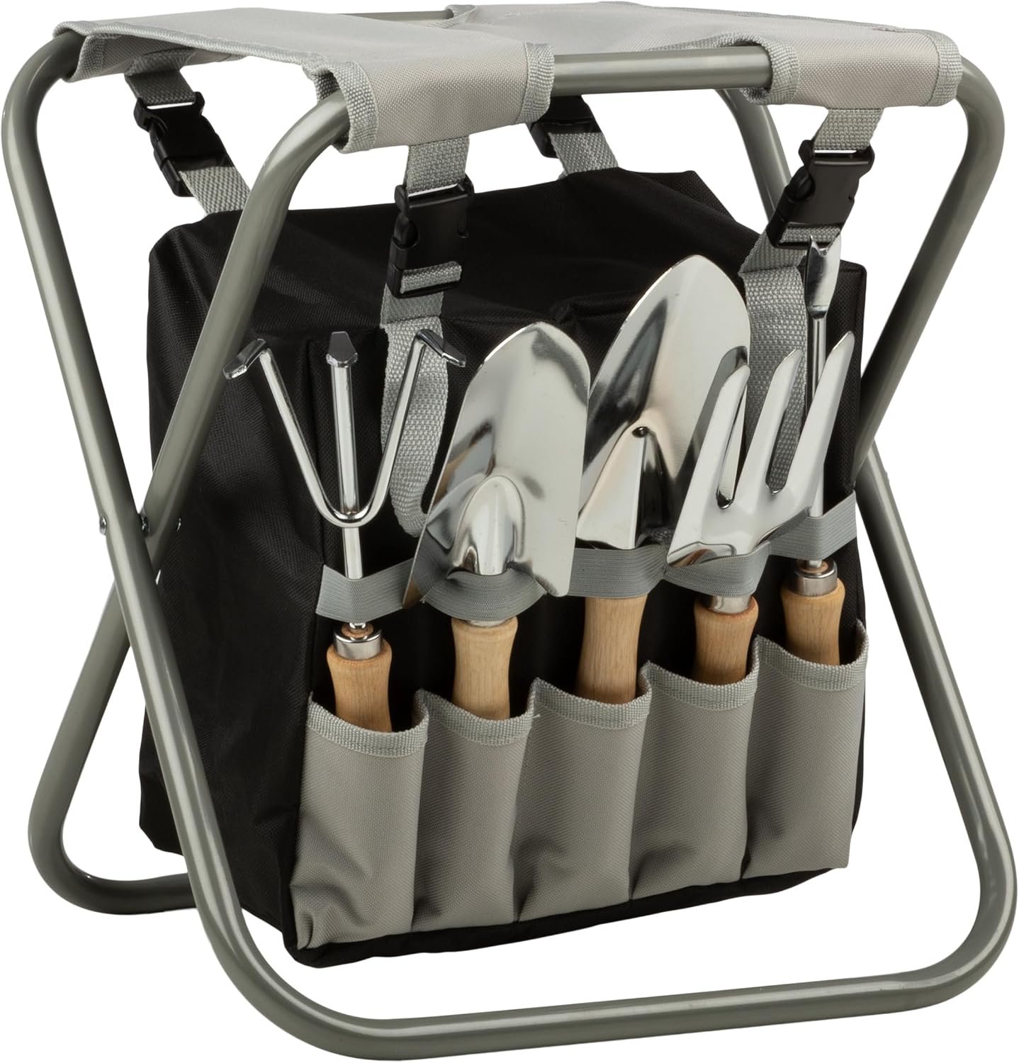 Pure Garden Garden Tools Set – Folding Stool with 250lb Capacity, Detachable 7 Pocket Bag, and 5 Gardening Tools for Weeding and Planting (Gray)