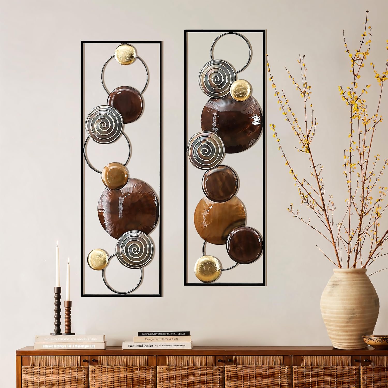 LuxenHome Metal Wall Art, 2 Pieces Abstract Wall Décor Brown Metal Wall Decor, 36″ x 12″ Minimalist Wall Sculptures Decor for Home, Living Room, Bedroom, Dining Room