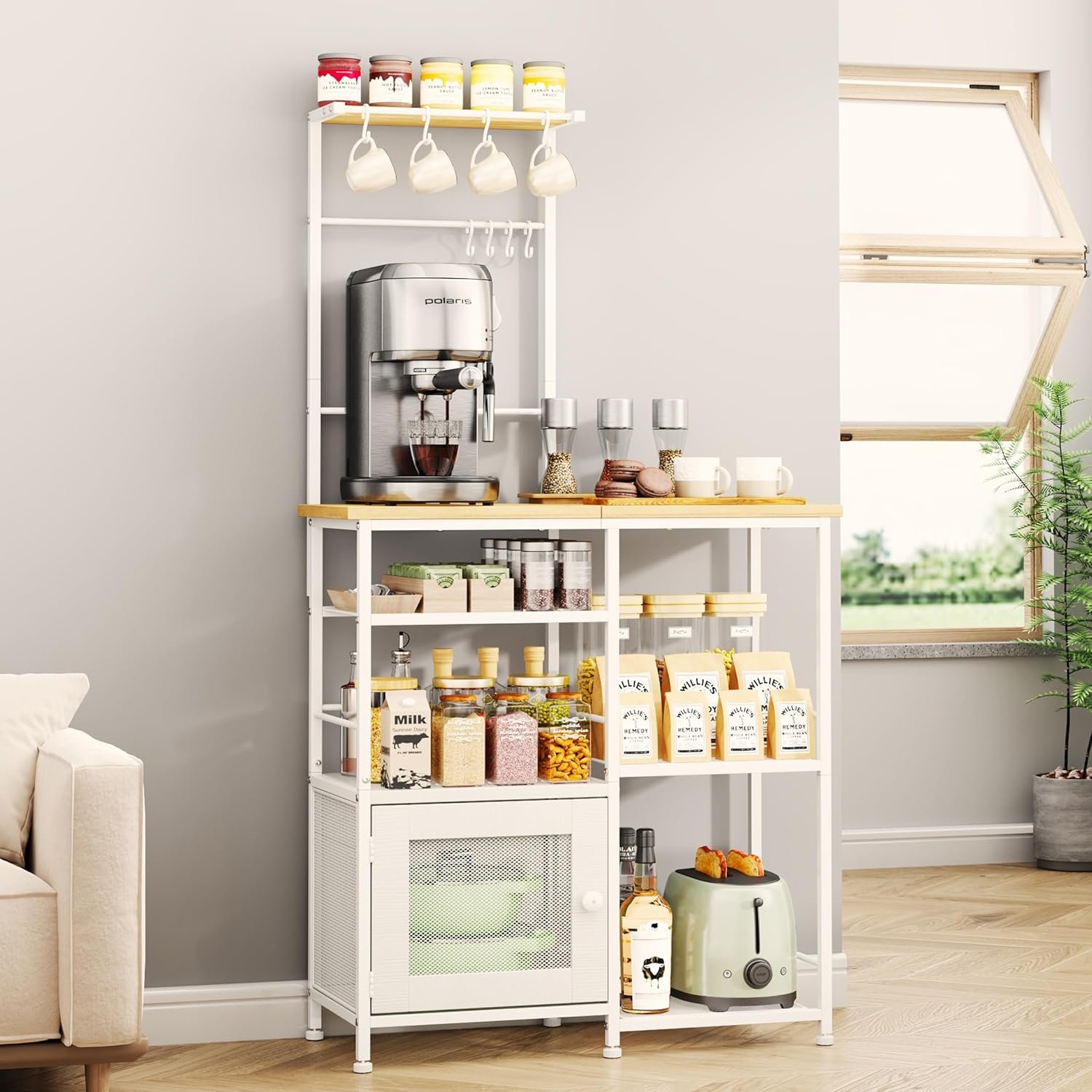 SWTYMIKI Bakers Rack with Storage – Coffee Bar Cabinet Organizer with 8 Hooks, Shelves & Cabinet Door, Coffee Station for Kitchen Dining Room, Microwave Stand with Adjustable Feet, White