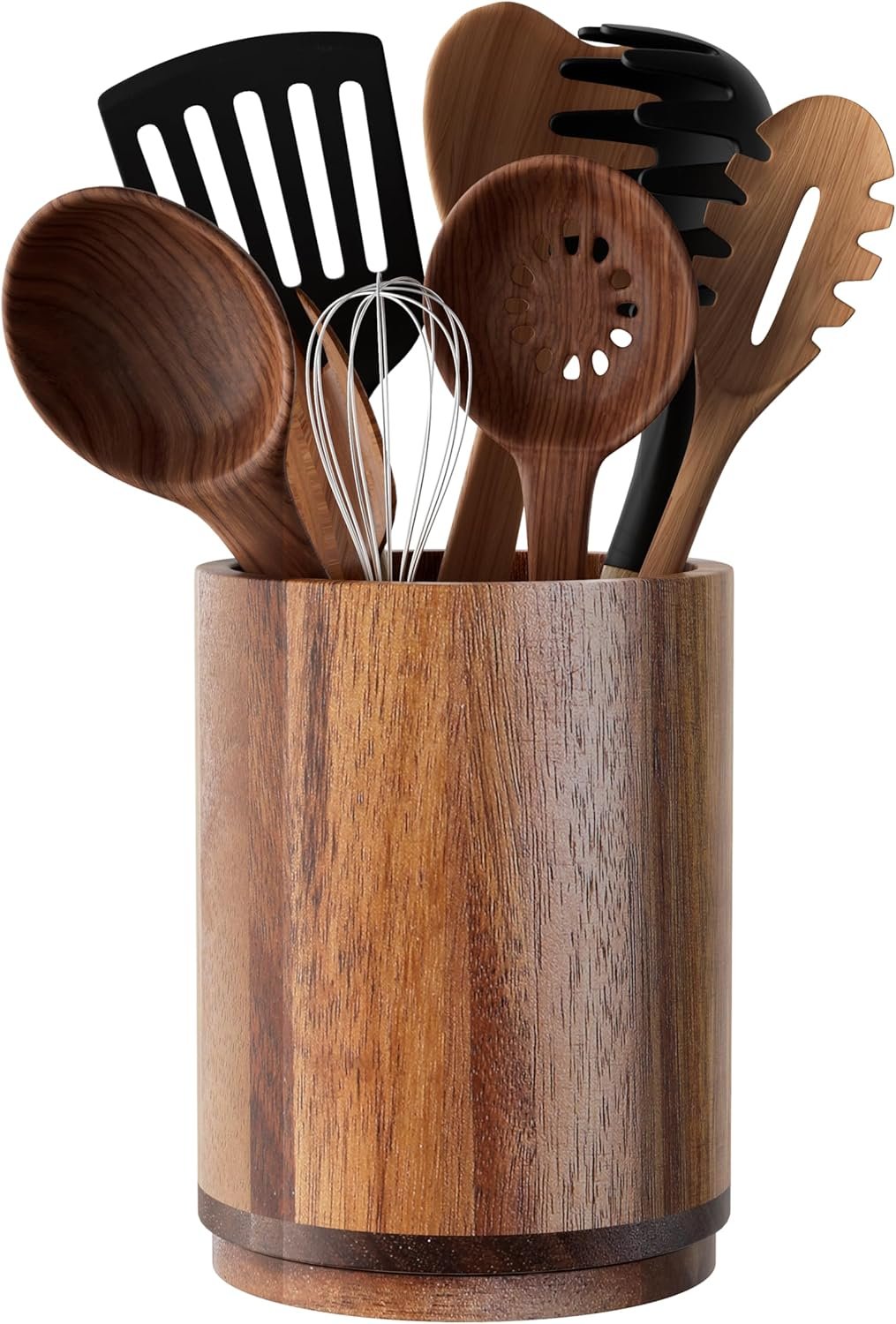 Utensil Holder, Acacia Wood Kitchen Utensil Holder for Countertop, 360°Rotating Cooking Utensil Crock for Kitchen Counter, 7.2″ Large Utensil Organizer for Spatula