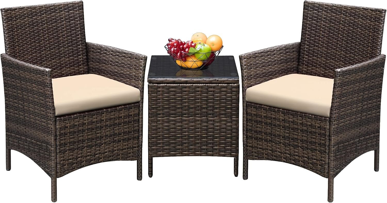 Greesum 3 Pieces Patio Furniture Sets Outdoor PE Rattan Wicker Chairs with Soft Cushion and Glass Coffee Table for Garden Backyard Porch Poolside, Brown and Beige