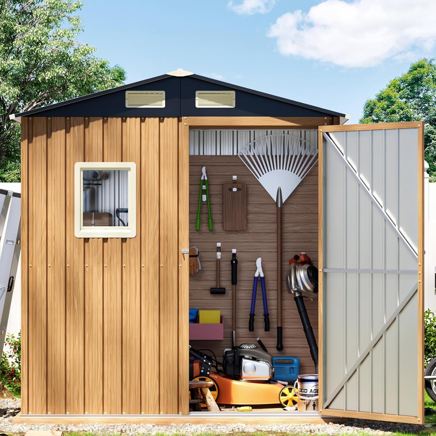 Panovue 6X4FT Garden Storage Shed with Lockable Door,Steel Tool Shed with 1 Clear Window, Anti-Corrosion Metal Shed for Backyard Patio Lawn (Light Wood Grain)