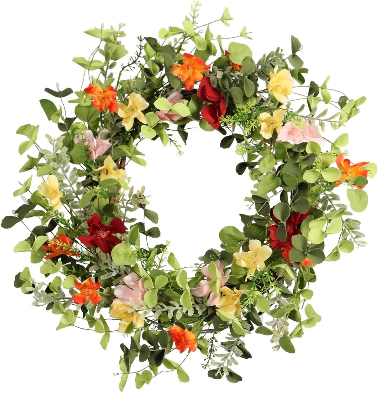 22IN Artificial Spring Summer Wreath with Wild Flowers & Silk Daisies Eucalyptus, UV Resistant, Colorful Wreath – for Spring Summer Indoor Outdoor Home Décor